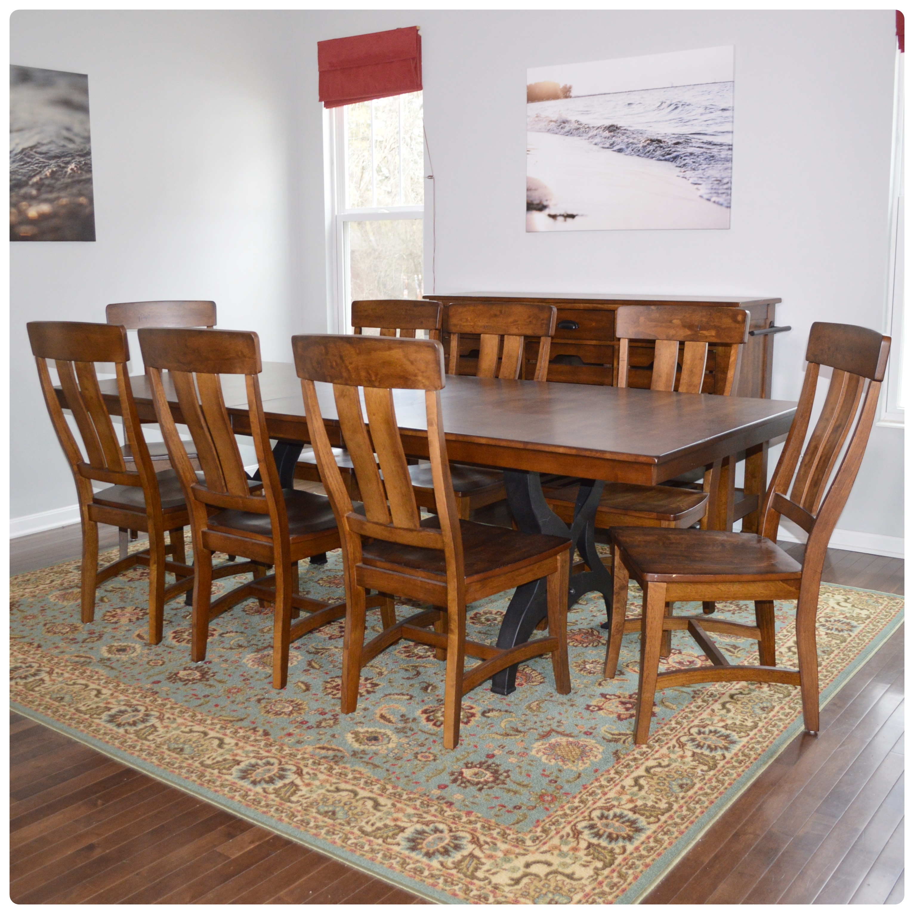 Great Veca Walnut Stained Distressed Wood and Metal Dining Table and Chairs