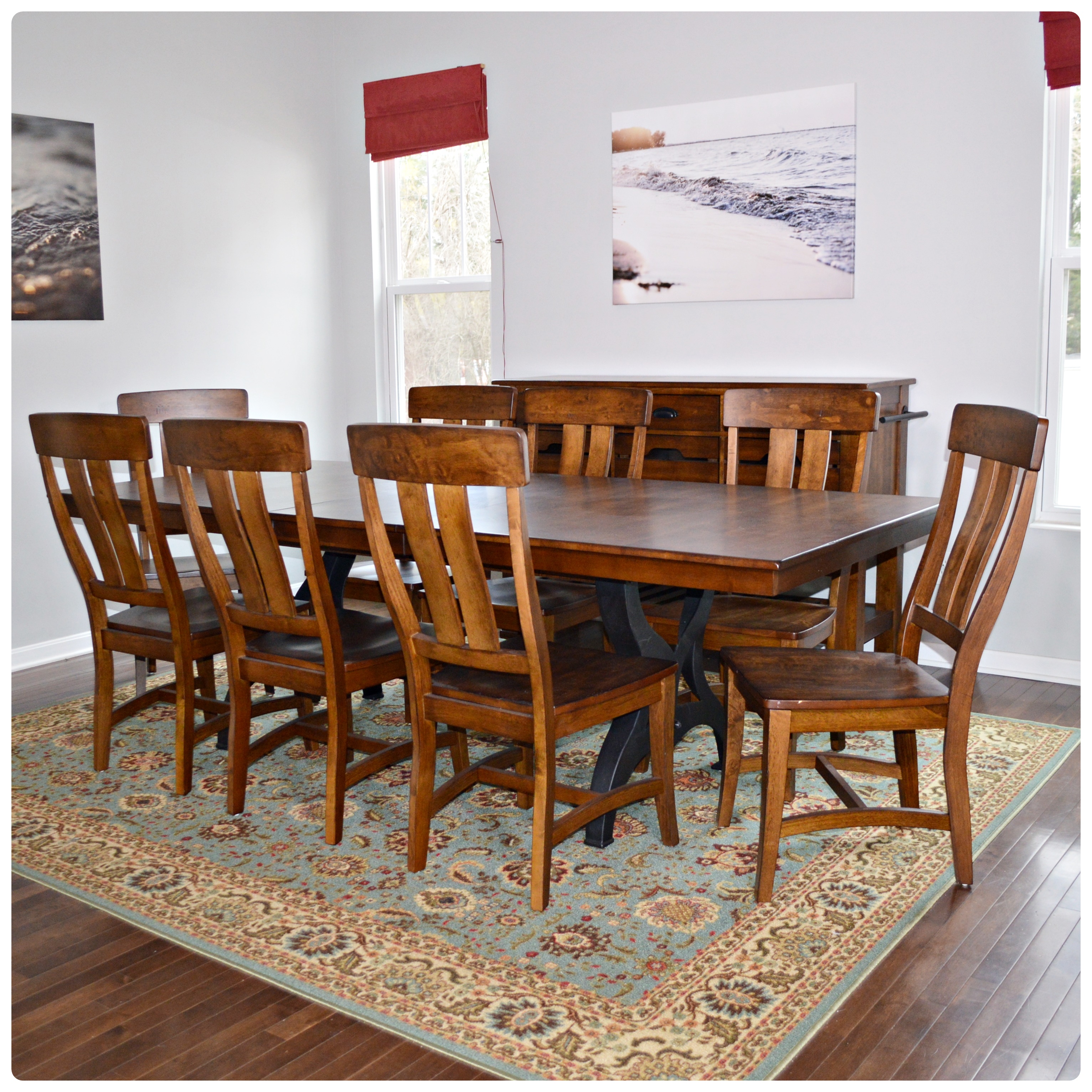 Great Veca Walnut Stained Distressed Wood and Metal Dining Table and Chairs