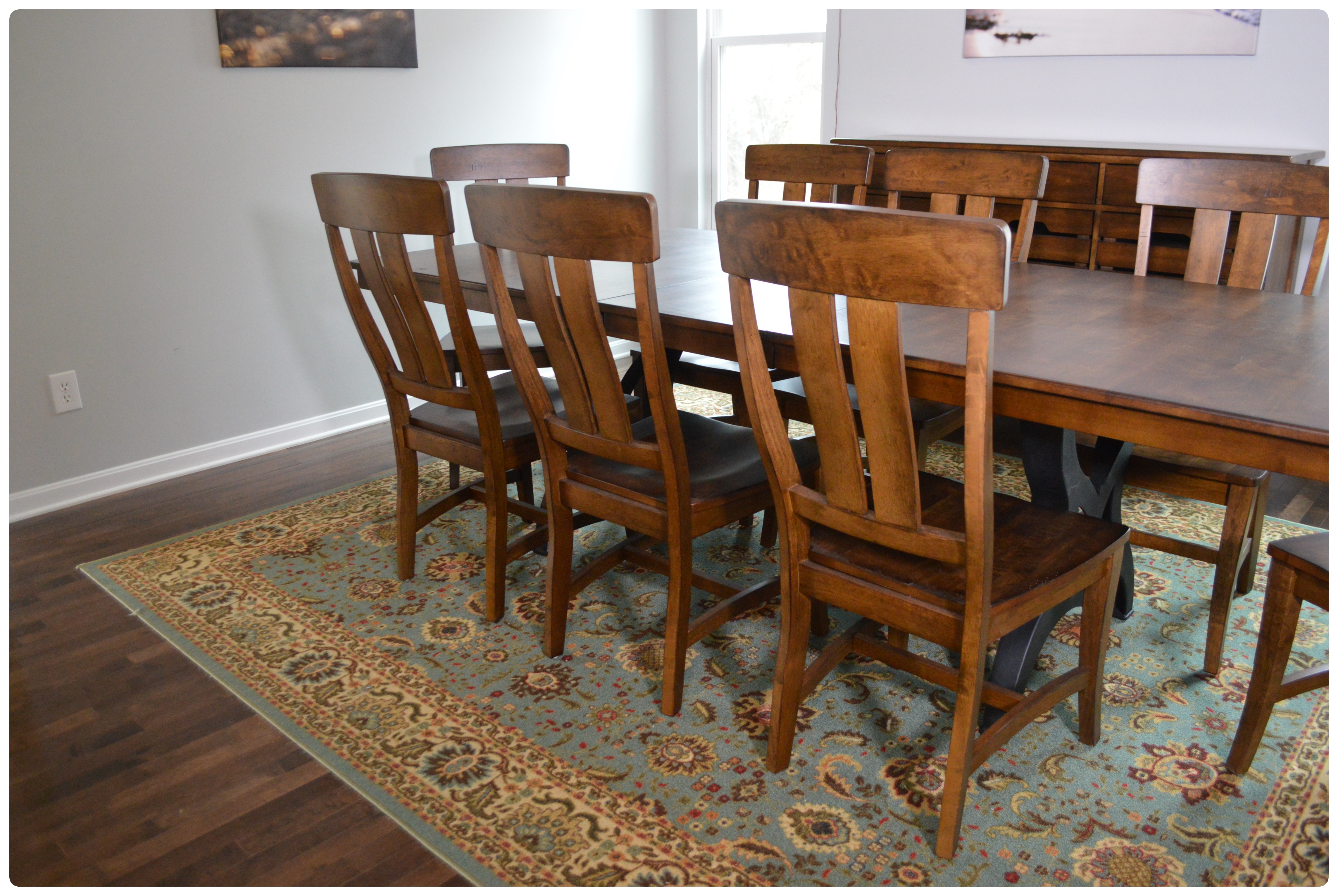 Great Veca Walnut Stained Distressed Wood and Metal Dining Table and Chairs