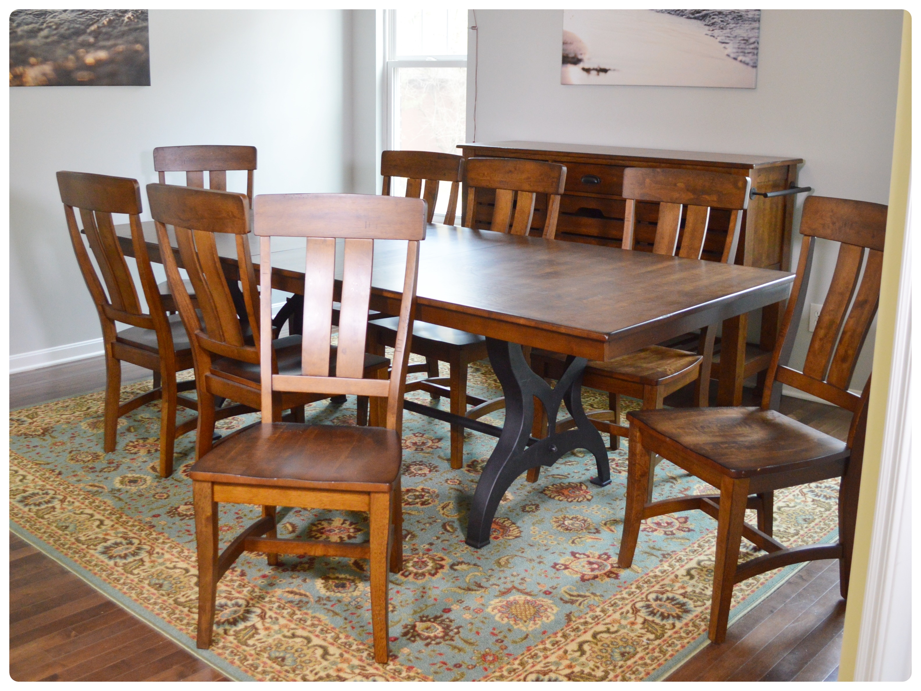 Great Veca Walnut Stained Distressed Wood and Metal Dining Table and Chairs