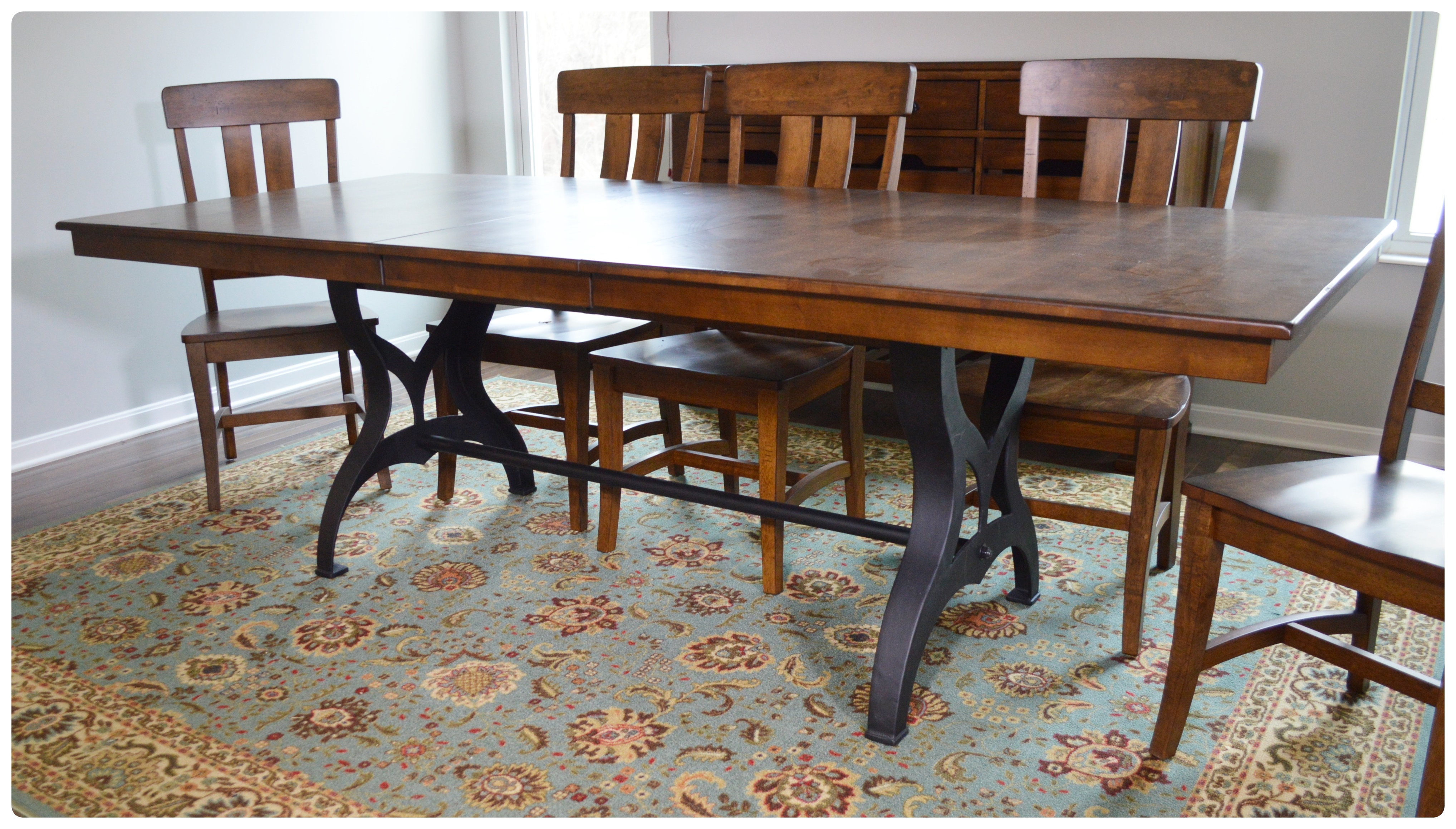 Great Veca Walnut Stained Distressed Wood and Metal Dining Table and Chairs