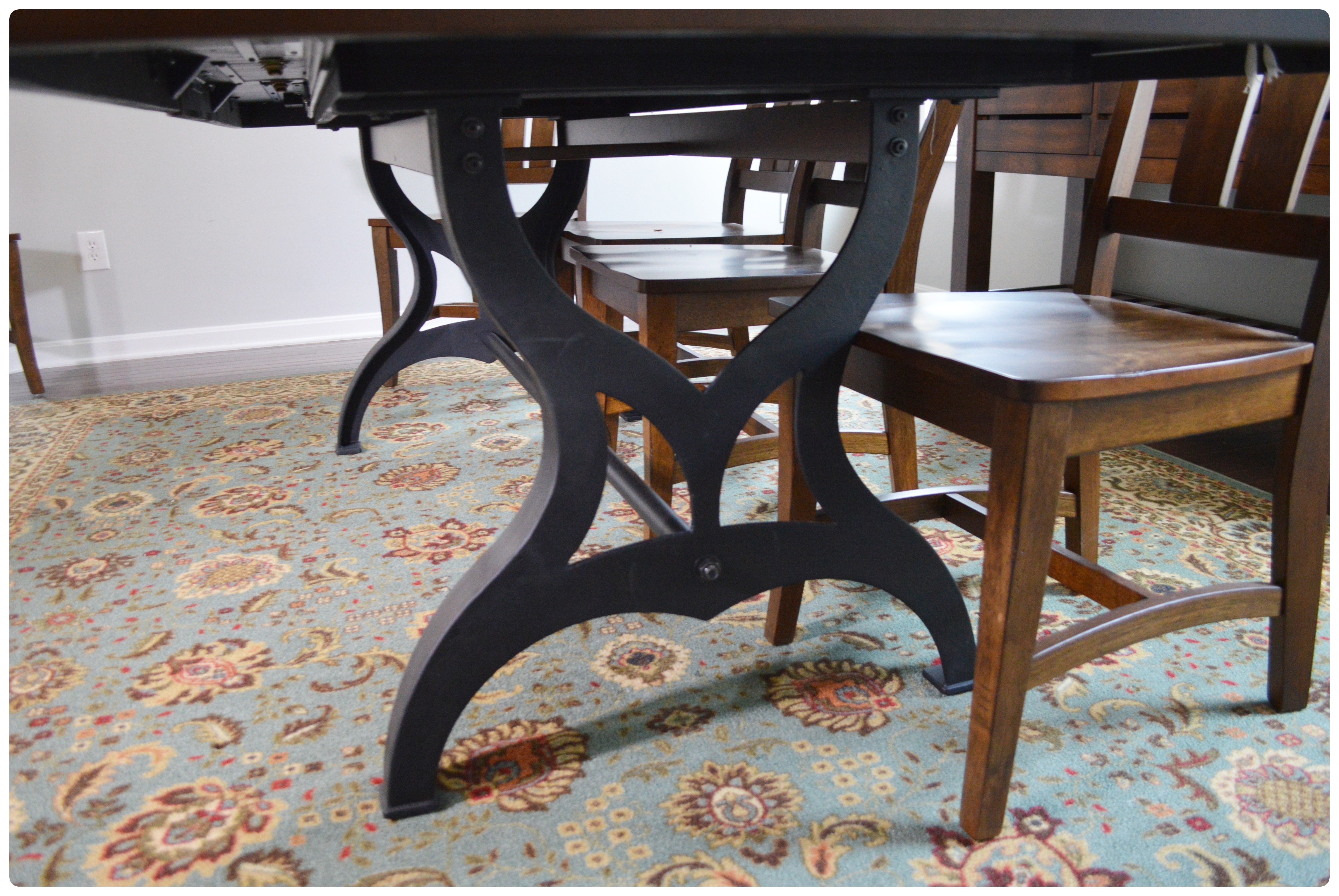 Great Veca Walnut Stained Distressed Wood and Metal Dining Table and Chairs