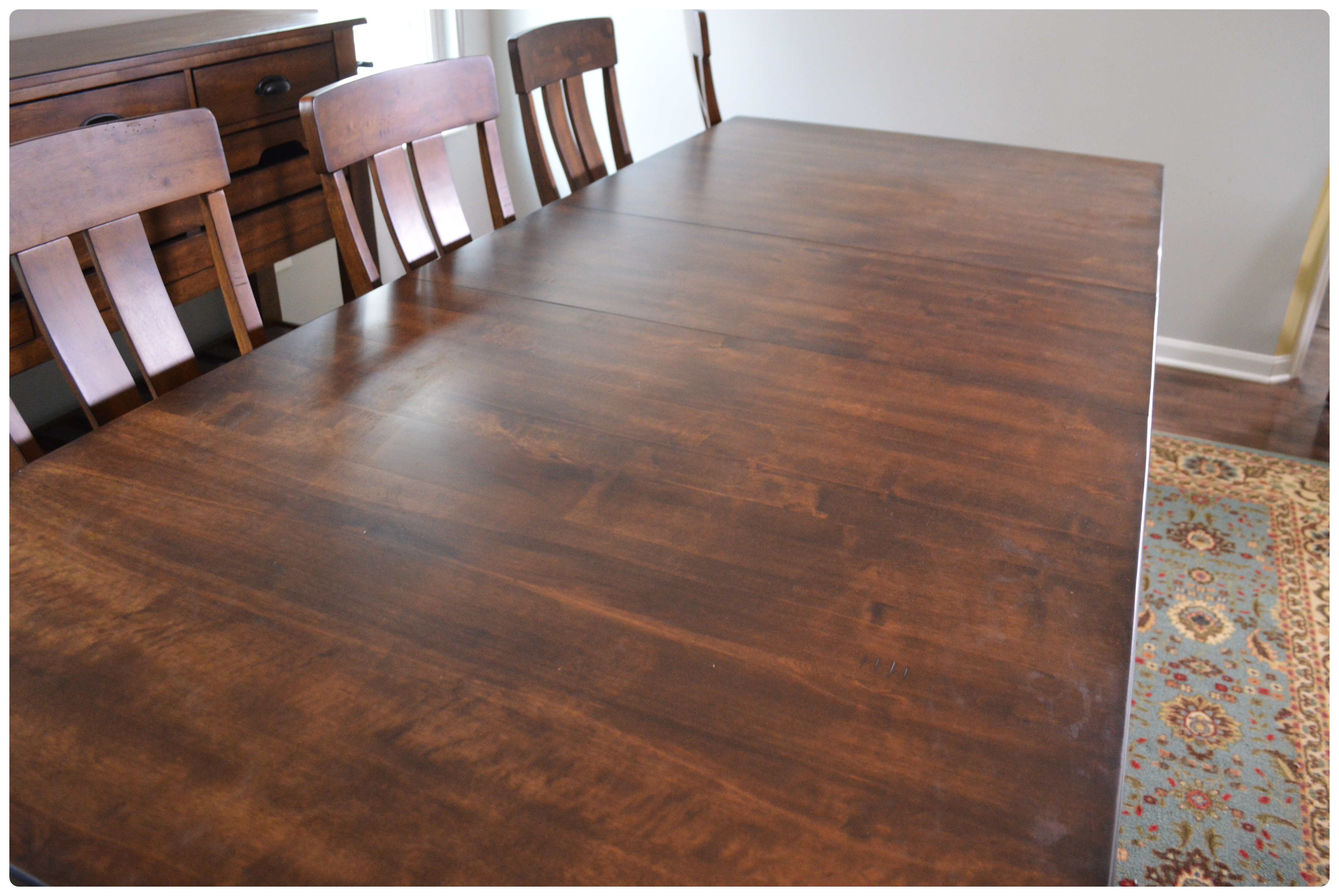 Great Veca Walnut Stained Distressed Wood and Metal Dining Table and Chairs