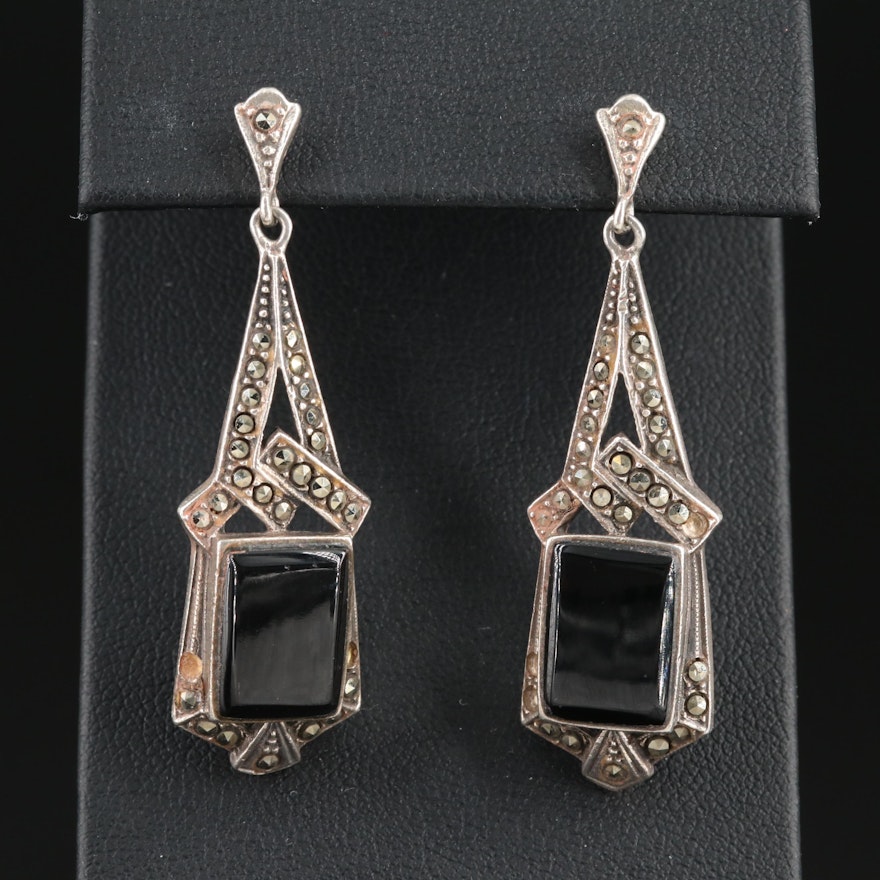 Sterling Silver Black Onyx and Marcasite Dangle Earrings