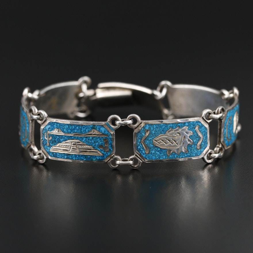 Mexican Aztec Sterling Silver Chip Turquoise in Resin Inlay Bracelet