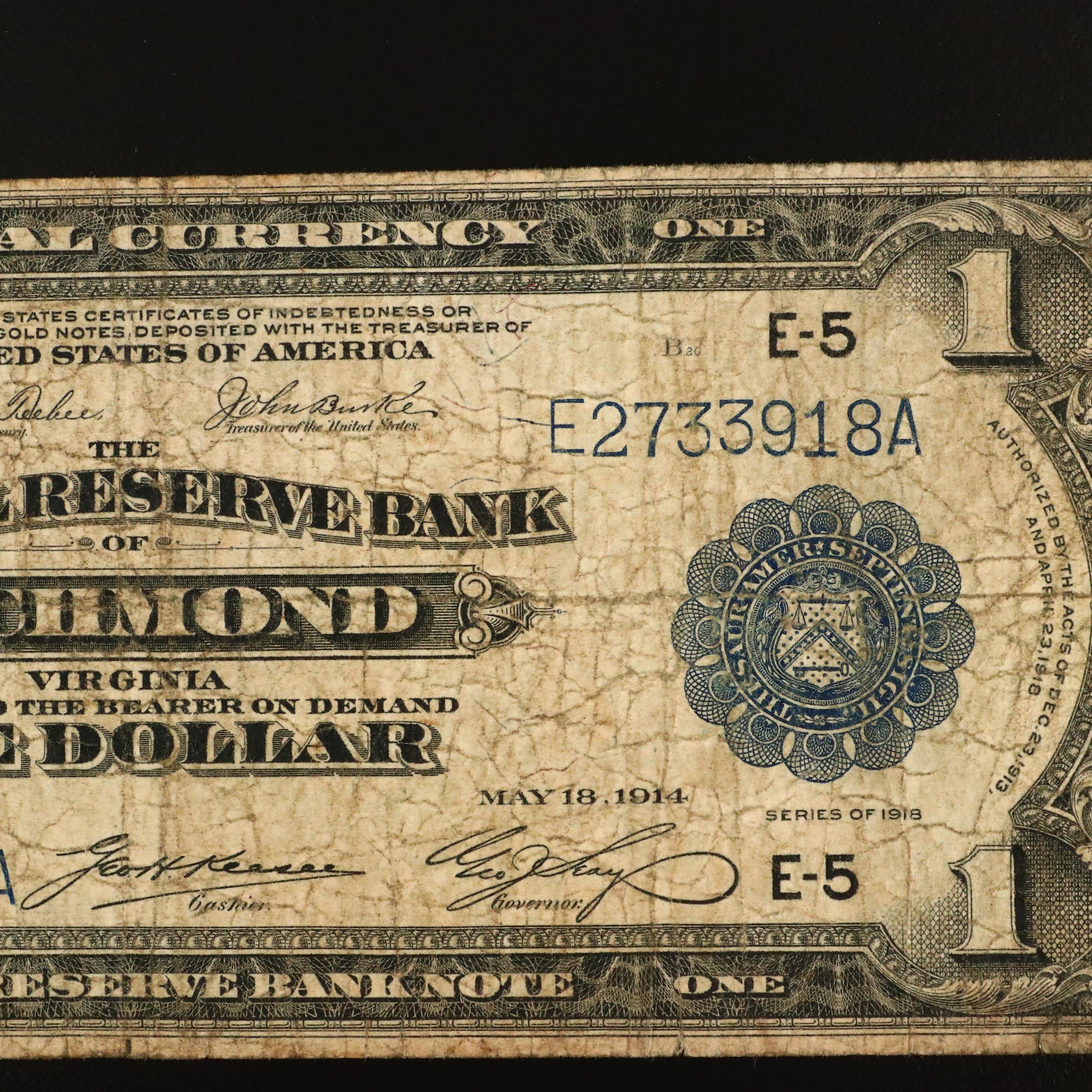 Set of Five Large Format Obsolete Antique U.S. Banknotes
