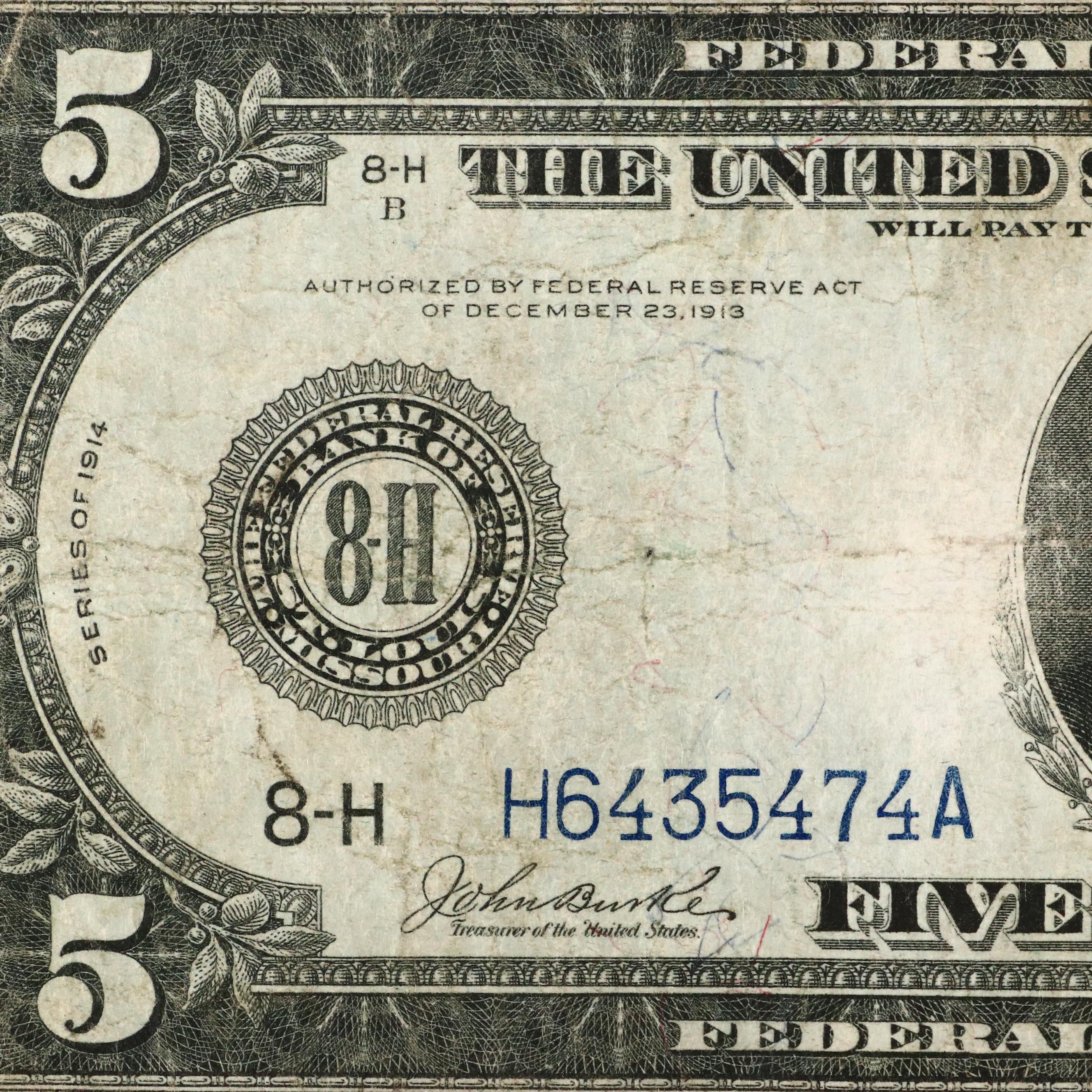 Set of Five Large Format Obsolete Antique U.S. Banknotes