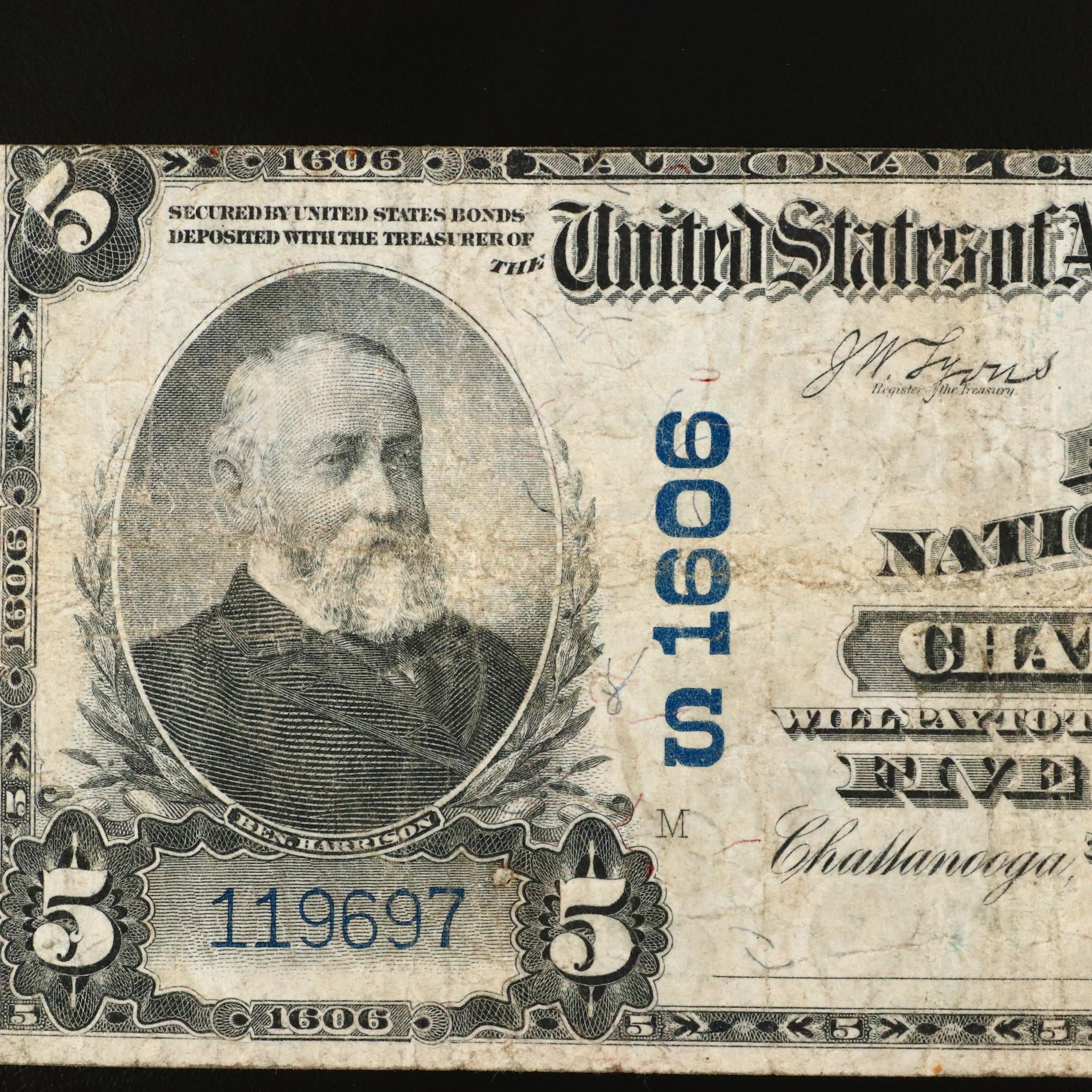 Set of Five Large Format Obsolete Antique U.S. Banknotes