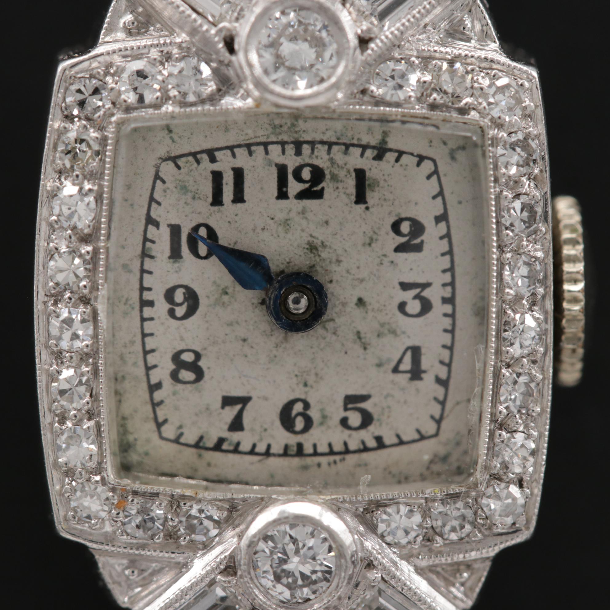 Art Deco Platinum and Diamond Stem Wind Watch, 1930s