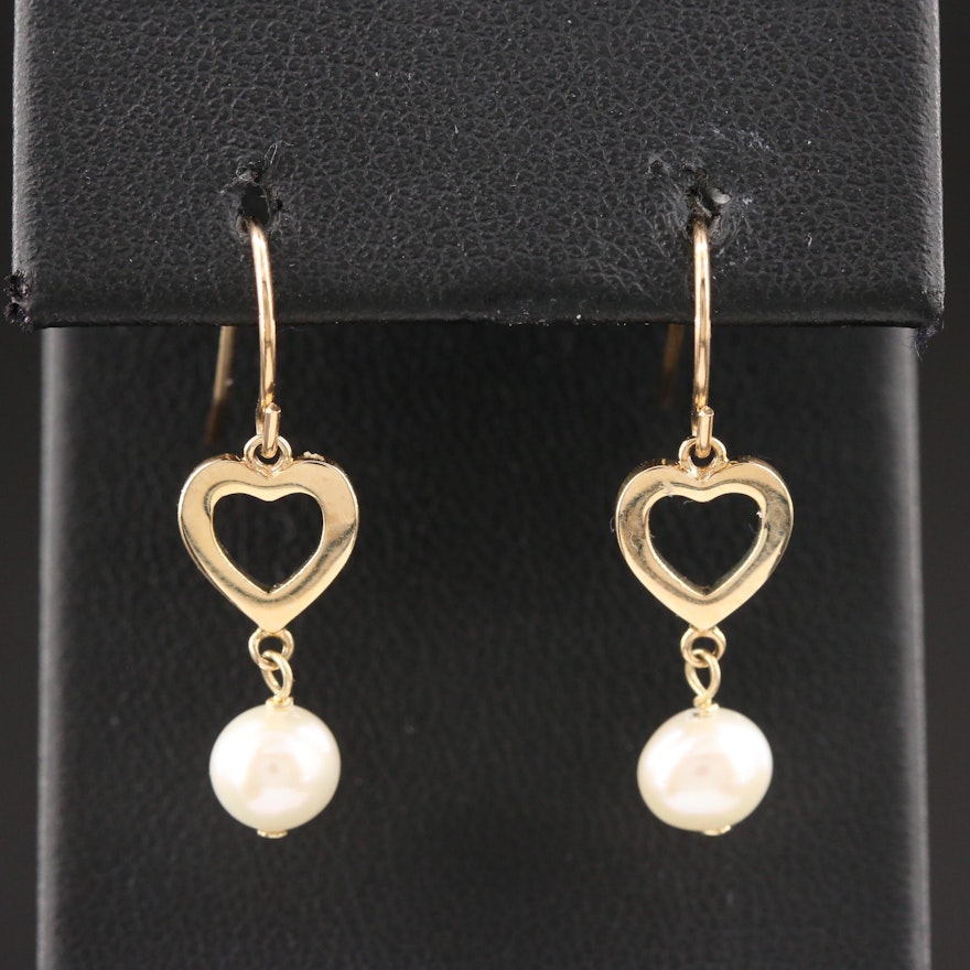 10K Yellow Gold Pearl Heart Drop Earrings