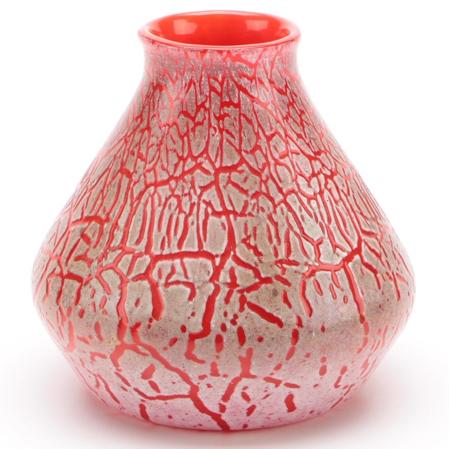 Art Deco Monart White Cloisonné on Red Glass Vase, Scotland, 20th Century