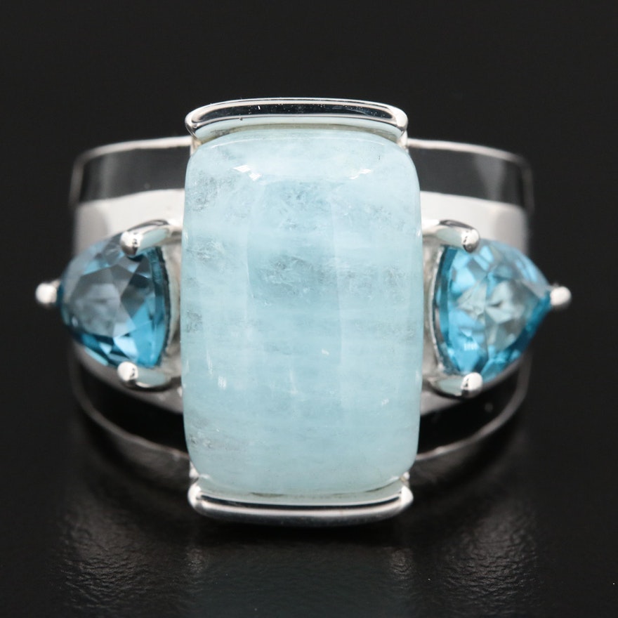 Sterling Silver Aquamarine and Topaz Ring With Enamel Accents