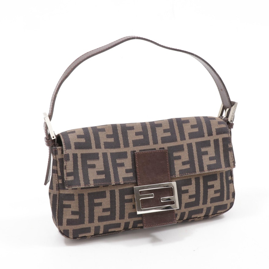 Fendi Zucca Canvas and Leather Flap Front Baguette Shoulder Bag