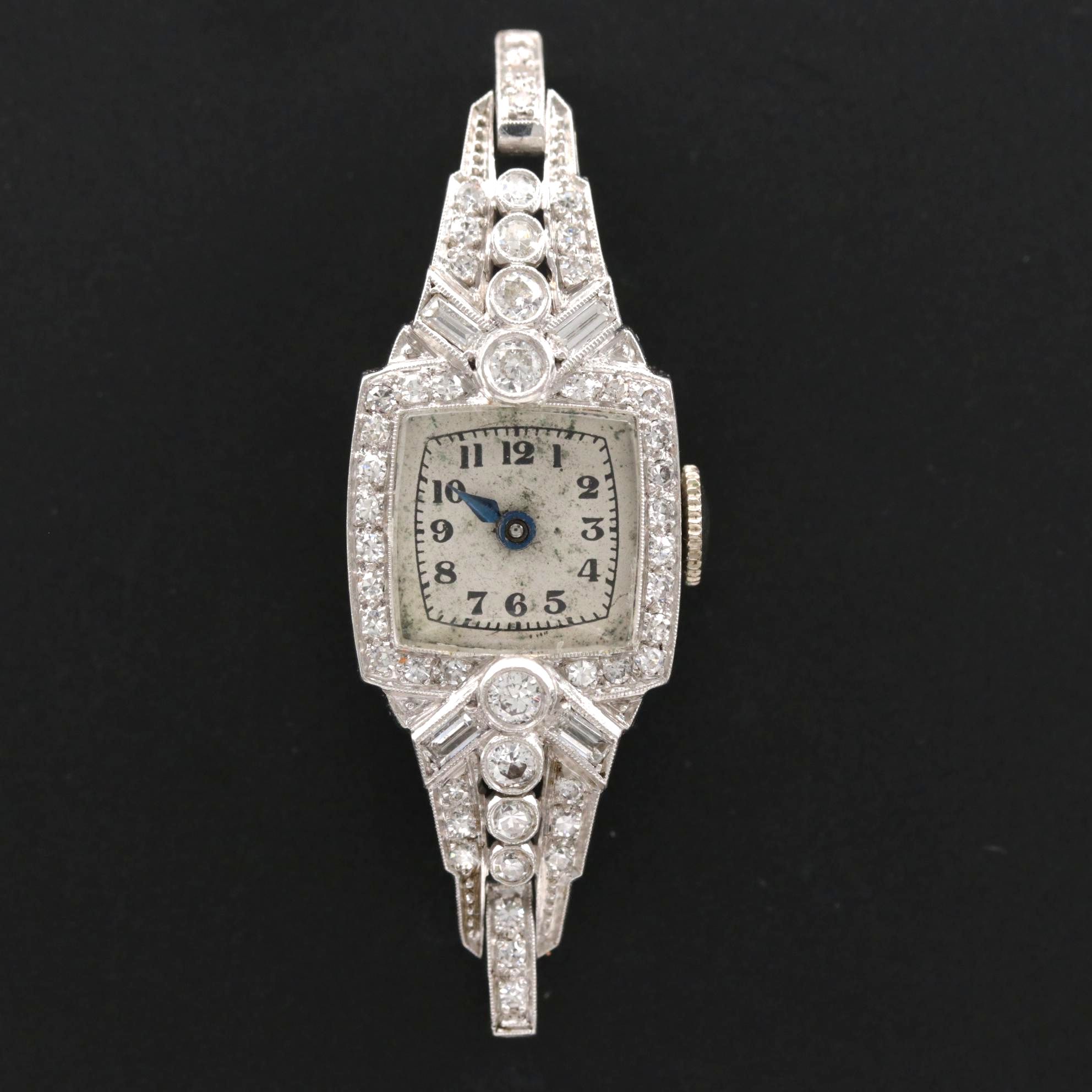 Art Deco Platinum and Diamond Stem Wind Watch, 1930s