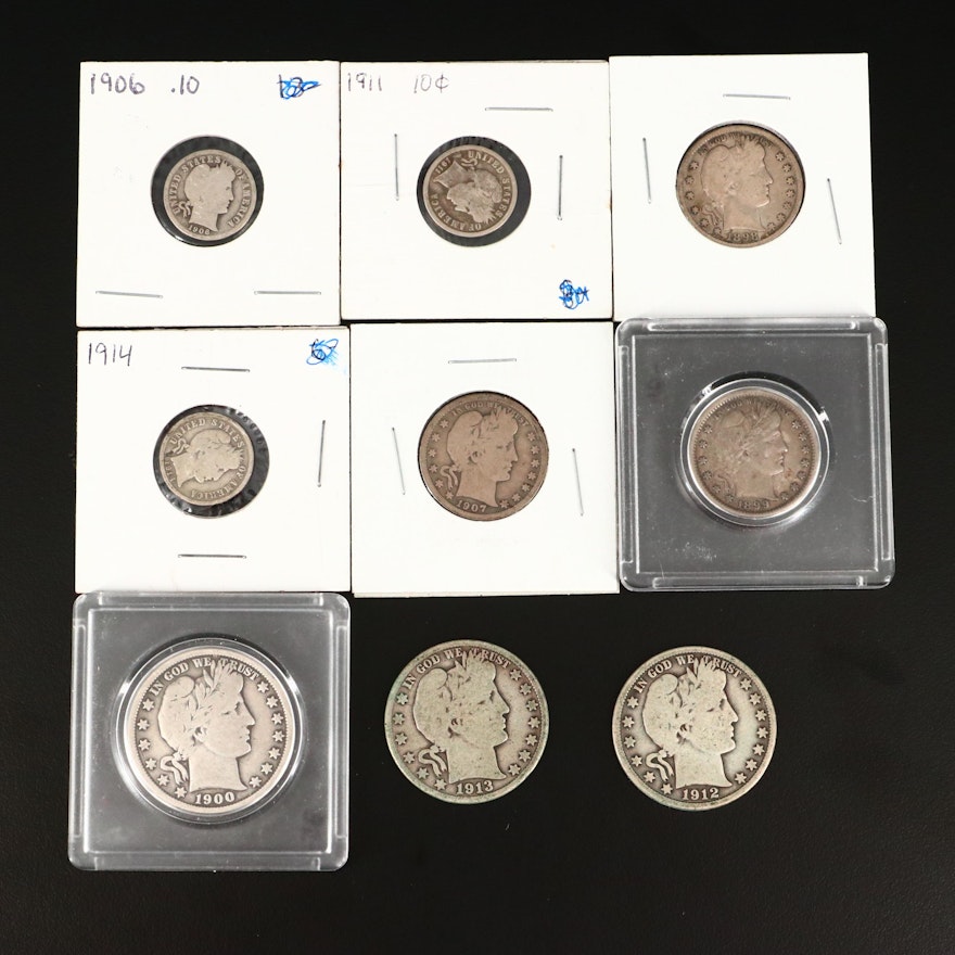 Three Barber Silver Half Dollars, Three Silver Quarters and Three Silver Dimes