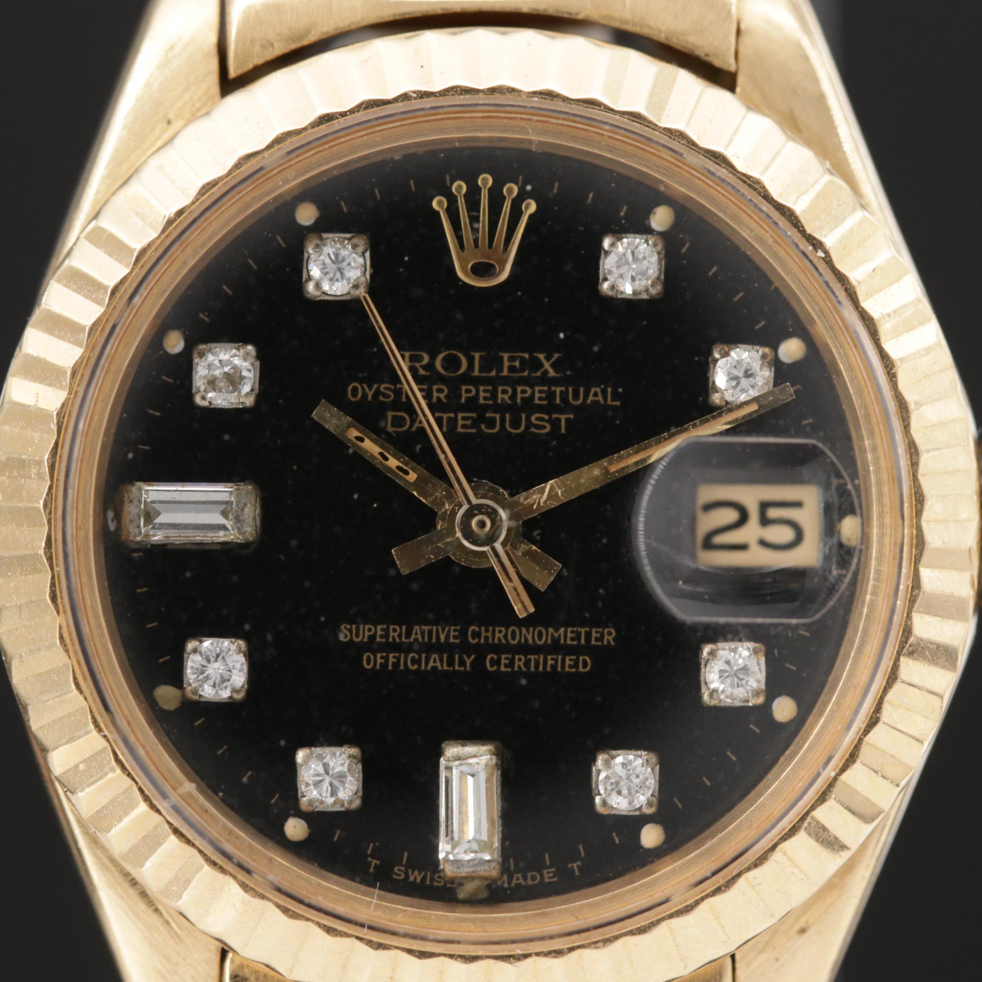 Vintage Rolex Diamond Dial Datejust "President" 18K Gold Watch, 1975