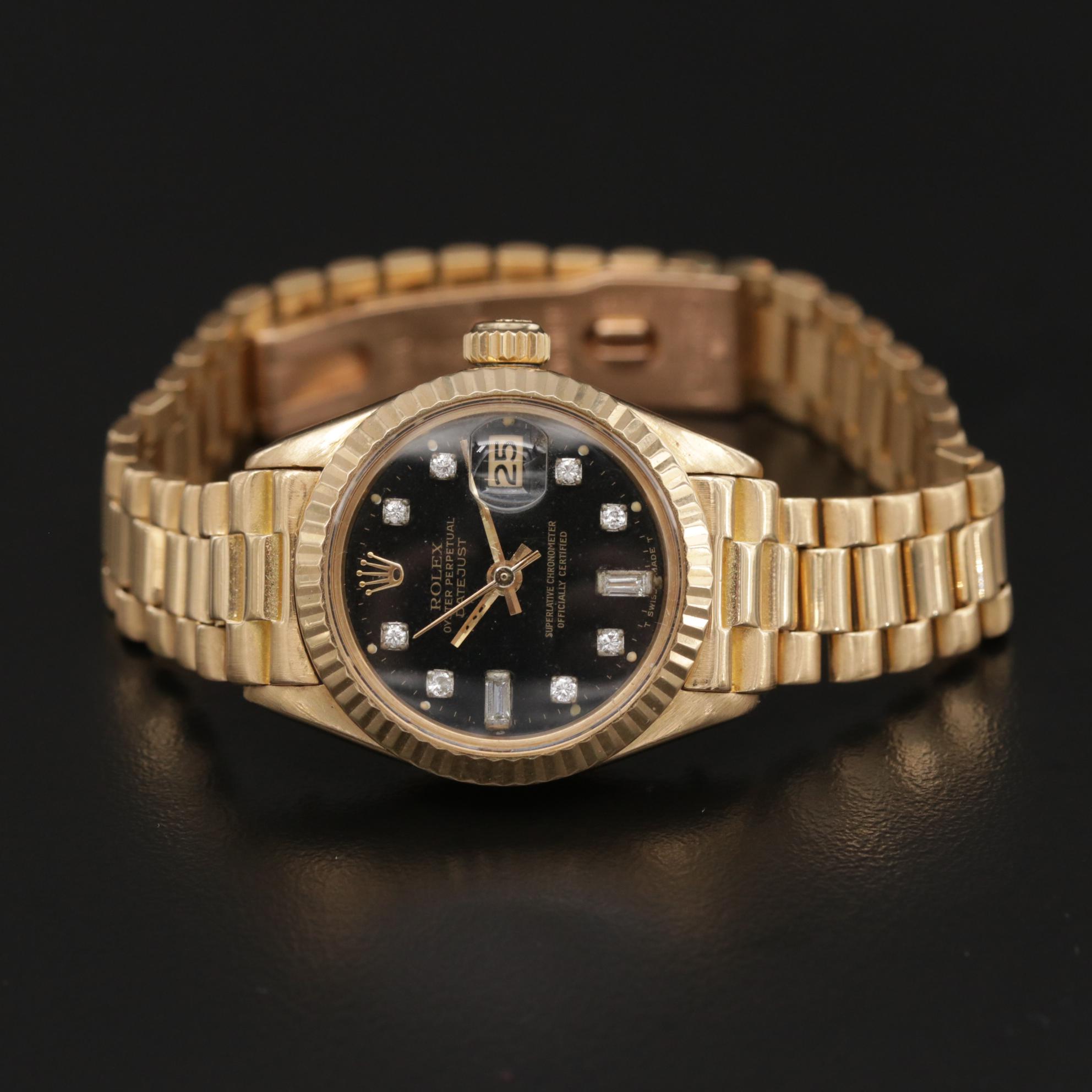 Vintage Rolex Diamond Dial Datejust "President" 18K Gold Watch, 1975