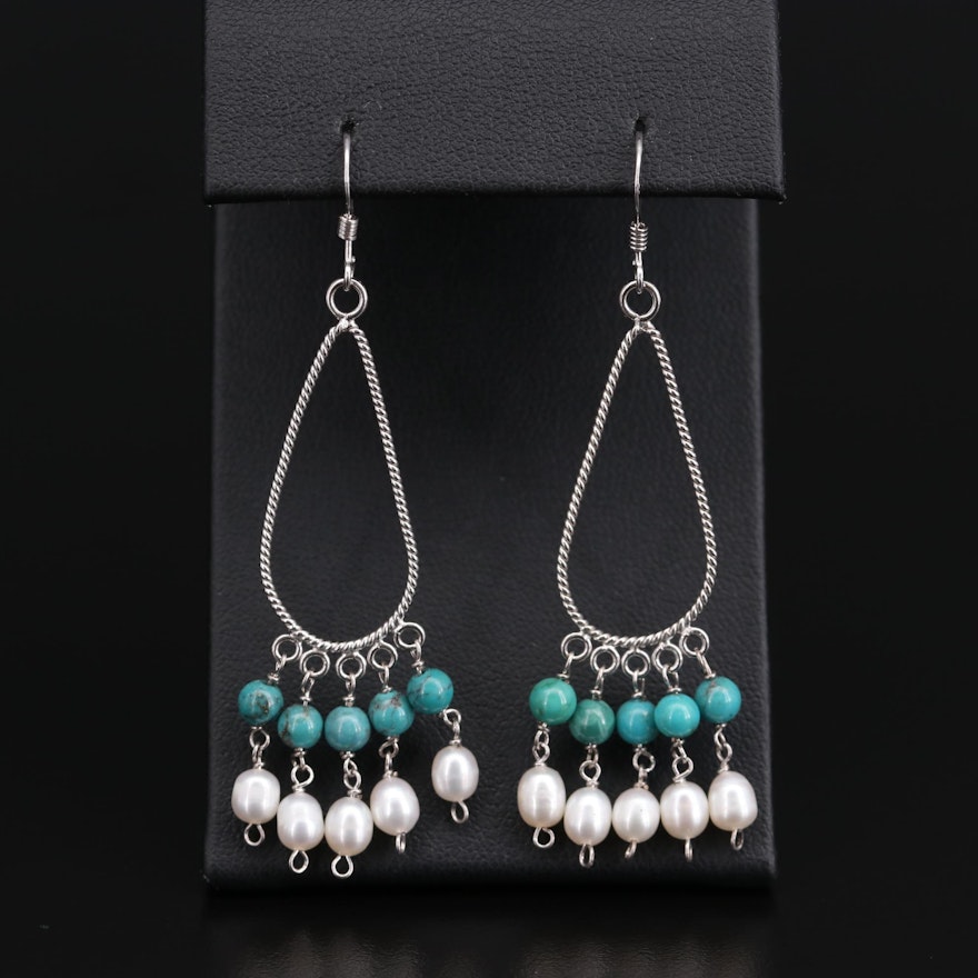 Sterling Silver Turquoise and Cultured Pearl Teardrop Earrings