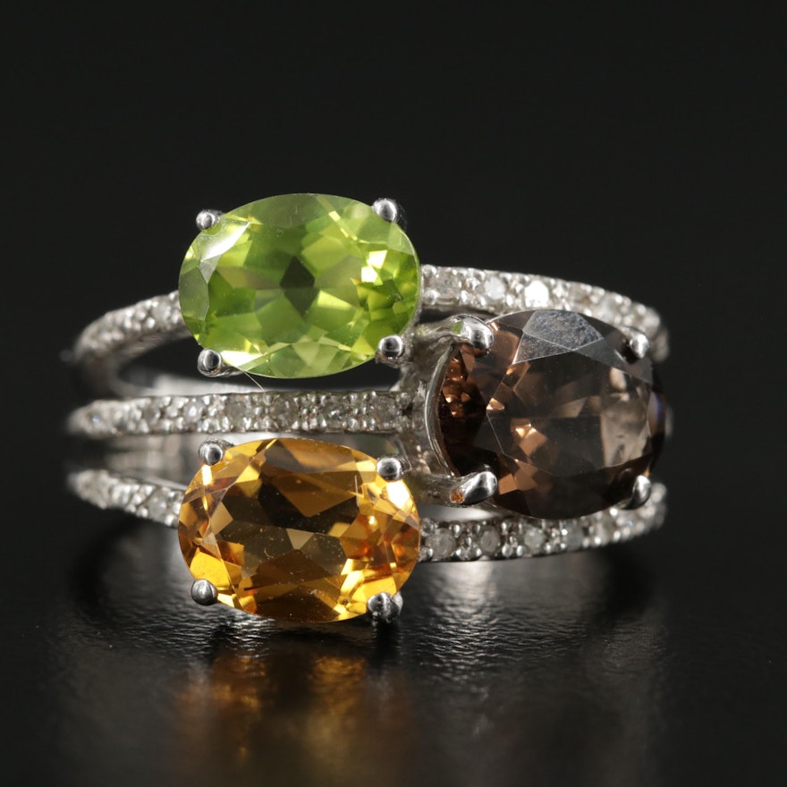 Sterling Silver Citrine, Peridot, Smoky Quartz and Diamond Ring