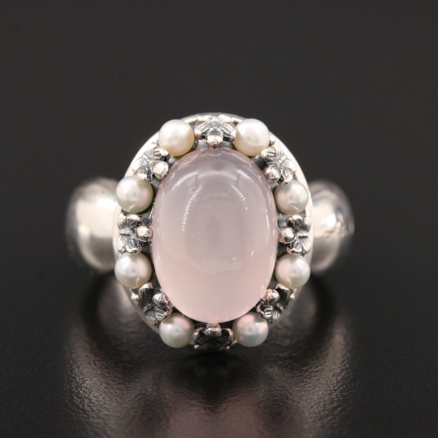 Ann King Sterling Silver Rose Quartz and Pearl Ring