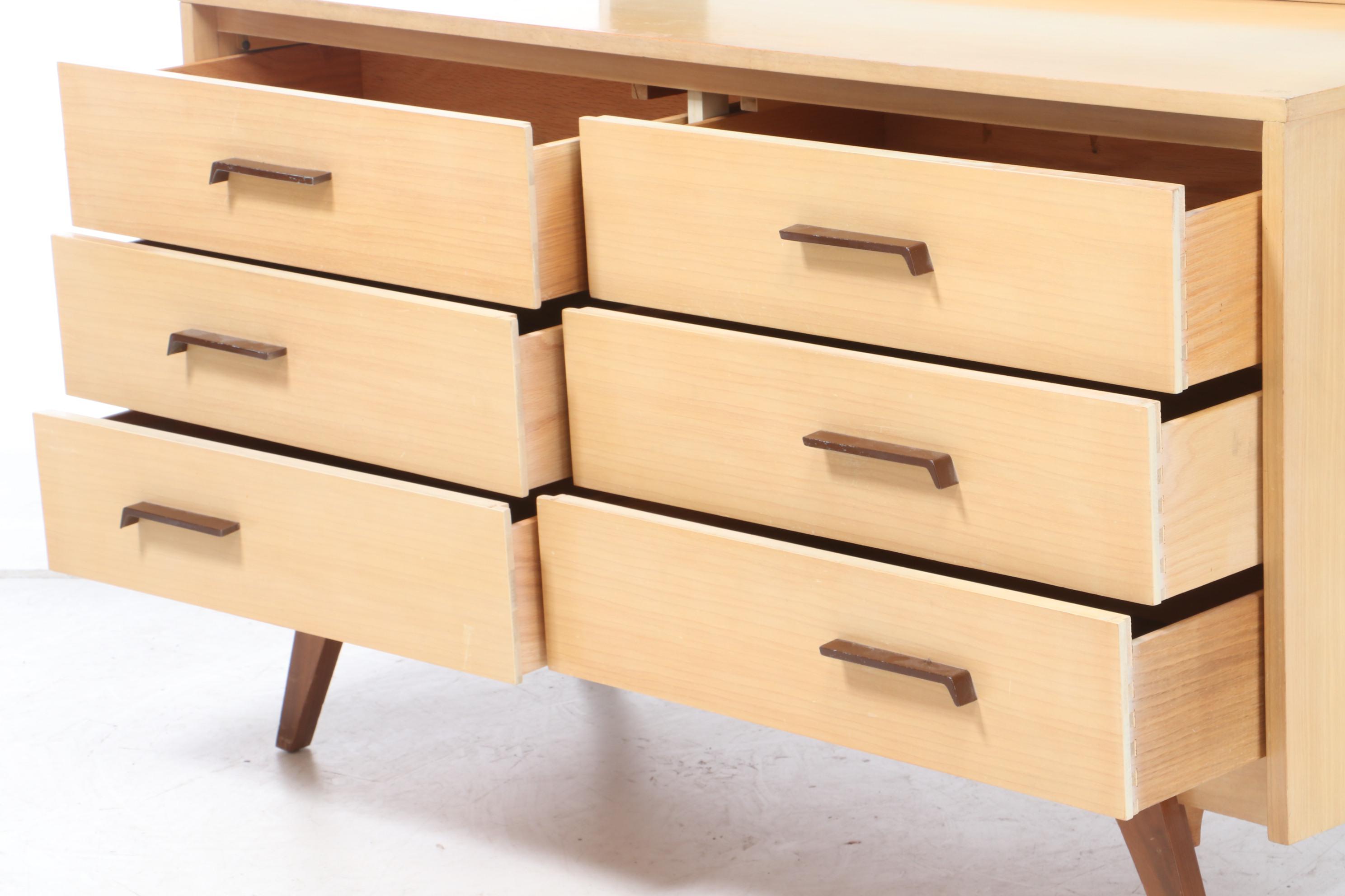 Mid Century Modern Johnson-Carper Blonde Birch Dresser with Mirror