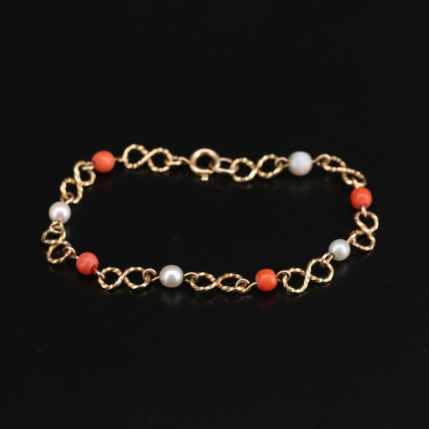 Vintage 9K Yellow Gold Coral and Cultured Pearl Infinity Link Bracelet