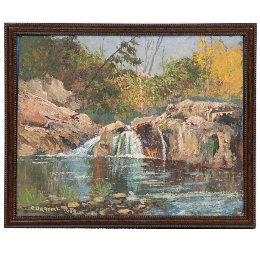 C. Babcock Waterfall Landscape Oil Painting, 1938