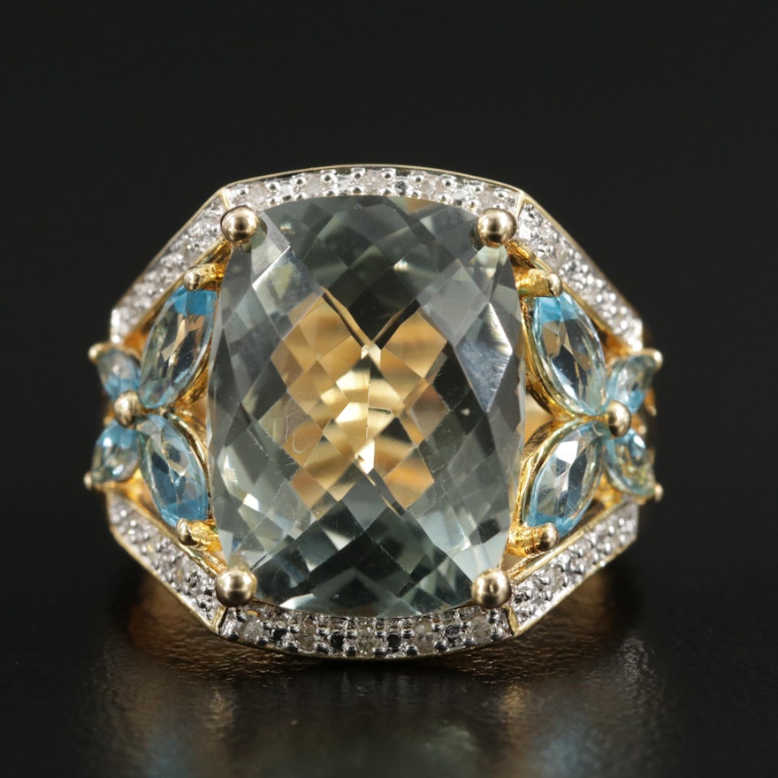 Sterling Silver Prasiolite, Blue Topaz and Diamond Ring