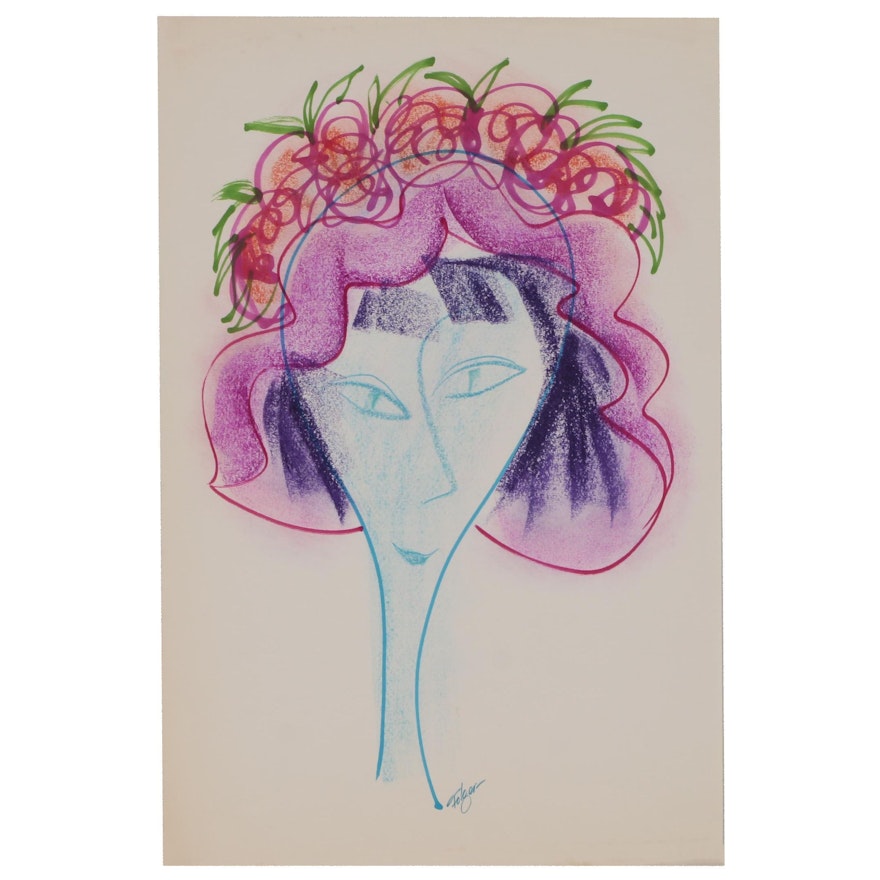 Franklin Folger Ink and Pastel Drawing of Woman in Flowered Hat