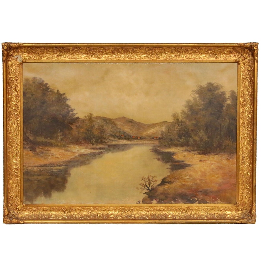 River Landscape Oil Painting, Late 19th Century