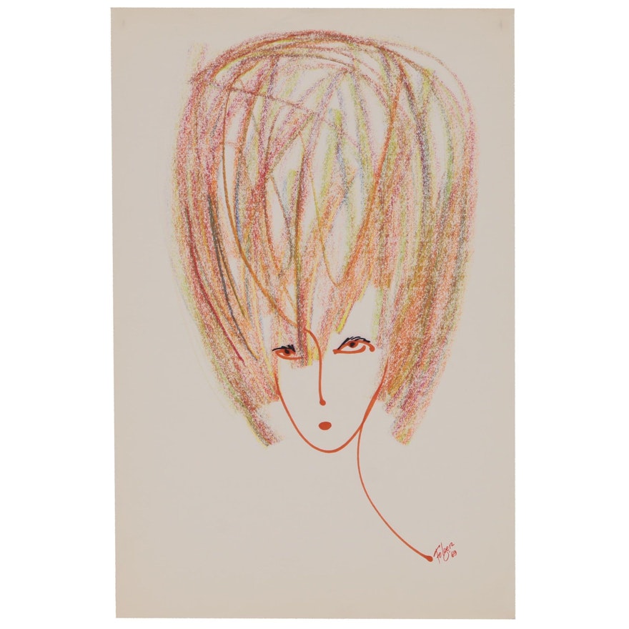 Franklin Folger Ink and Pastel Drawing of Female Figure, 1969