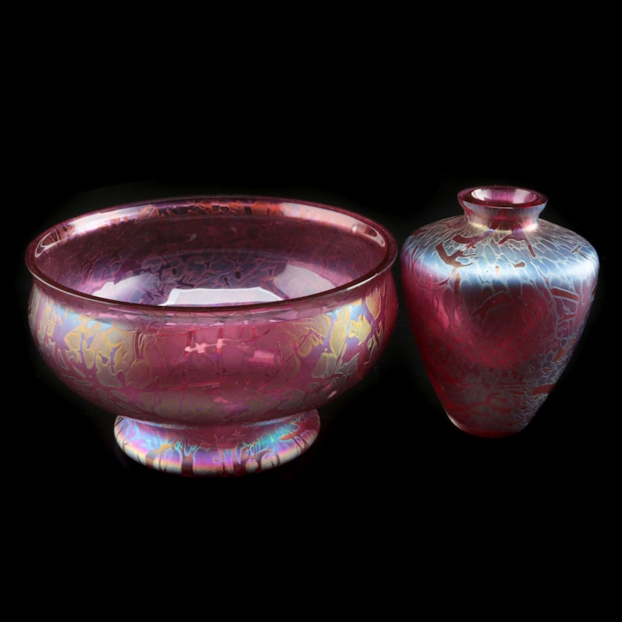 Royal Brierley Studio Iridescent Cranberry Art Glass Vase and Bowl