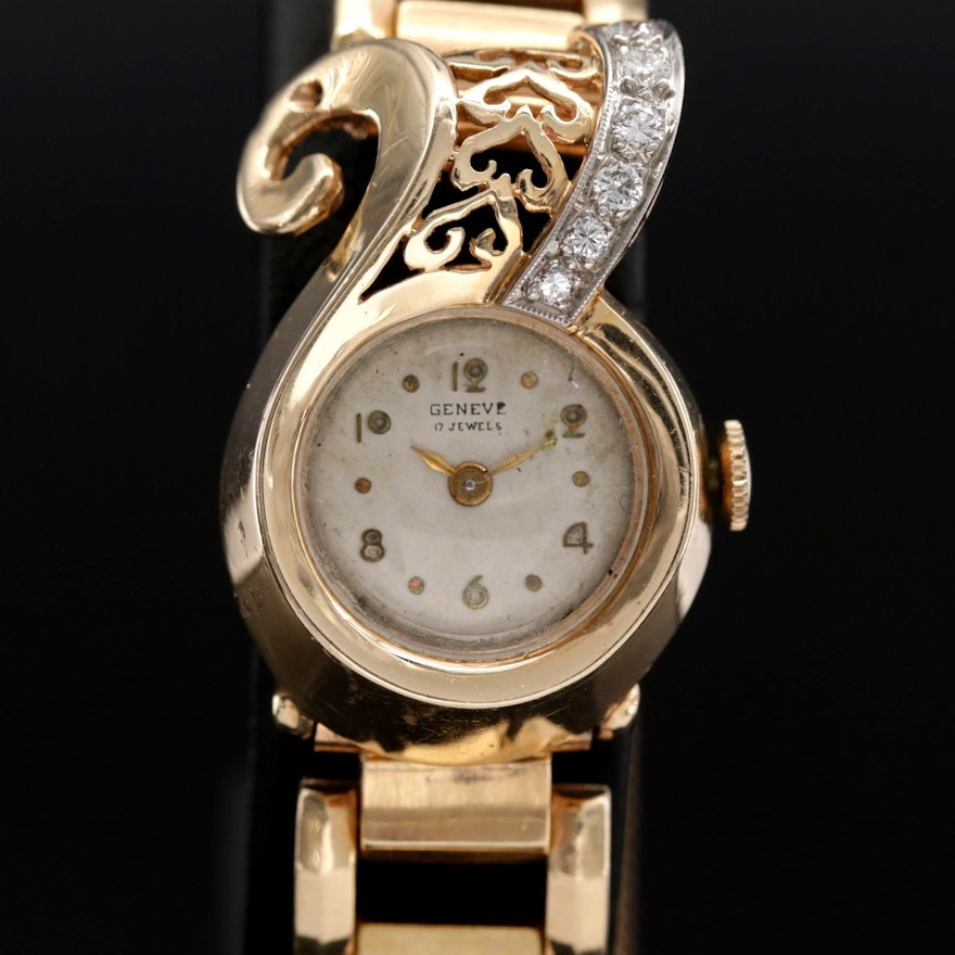 Vintage Geneve 14K Gold and Diamond New Retro Era Style Stem Wind Wristwatch