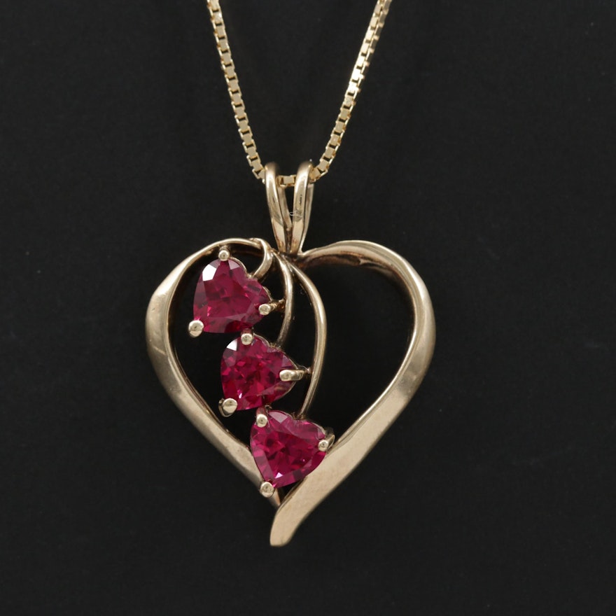 14K Yellow Gold Synthetic Ruby Heart Pendant Necklace
