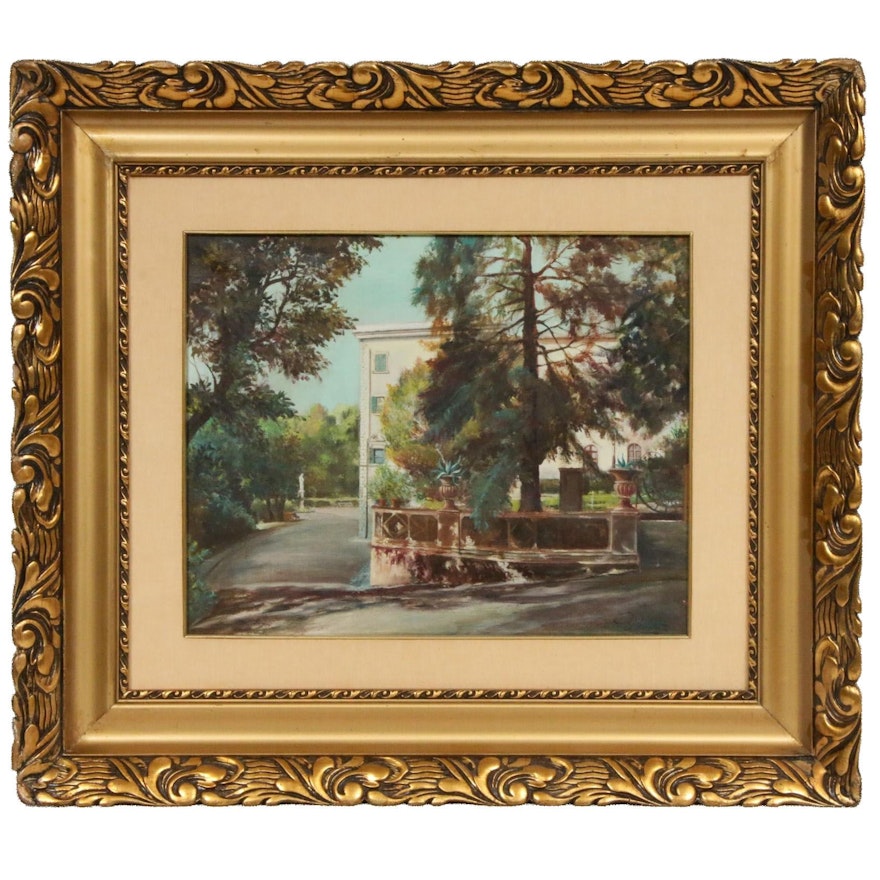 U. Beretta Courtyard Landscape Oil Painting, Early-Mid 20th Century