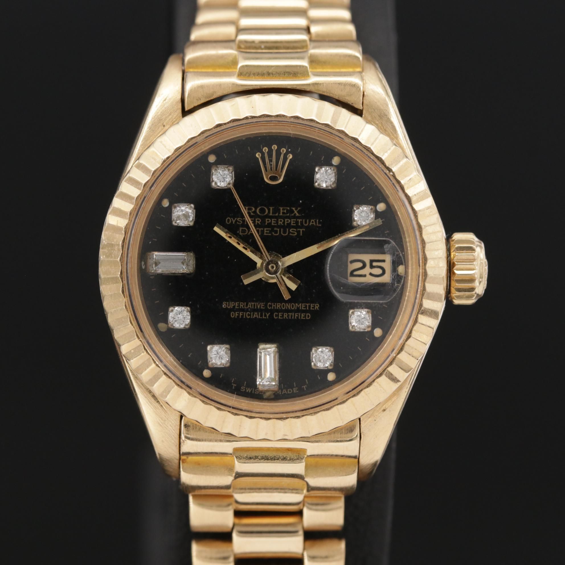 Vintage Rolex Diamond Dial Datejust "President" 18K Gold Watch, 1975