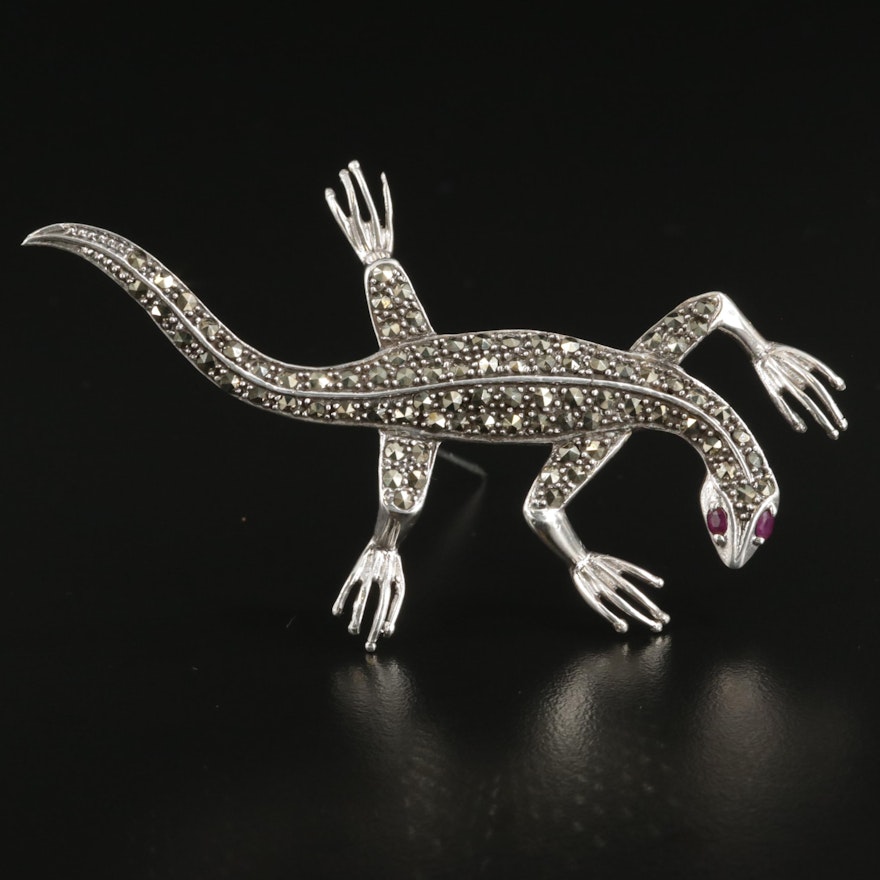 Sterling Silver Ruby and Marcasite Lizard Brooch