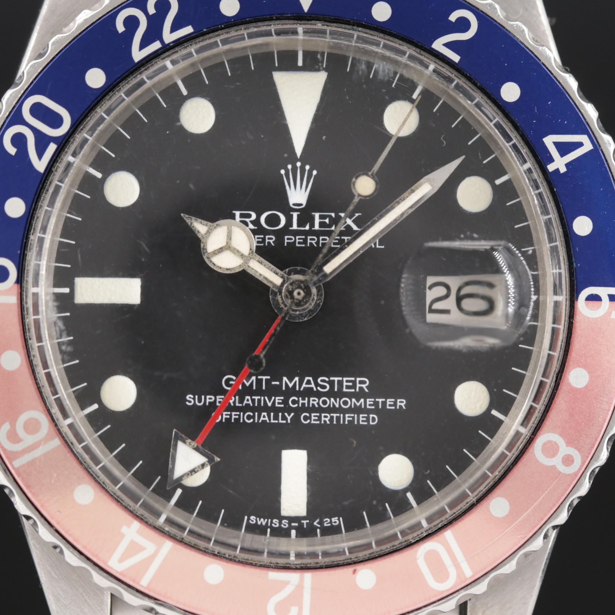 Vintage Rolex GMT Master 1675 Pepsi Bezel Stainless Steel Watch, 1978