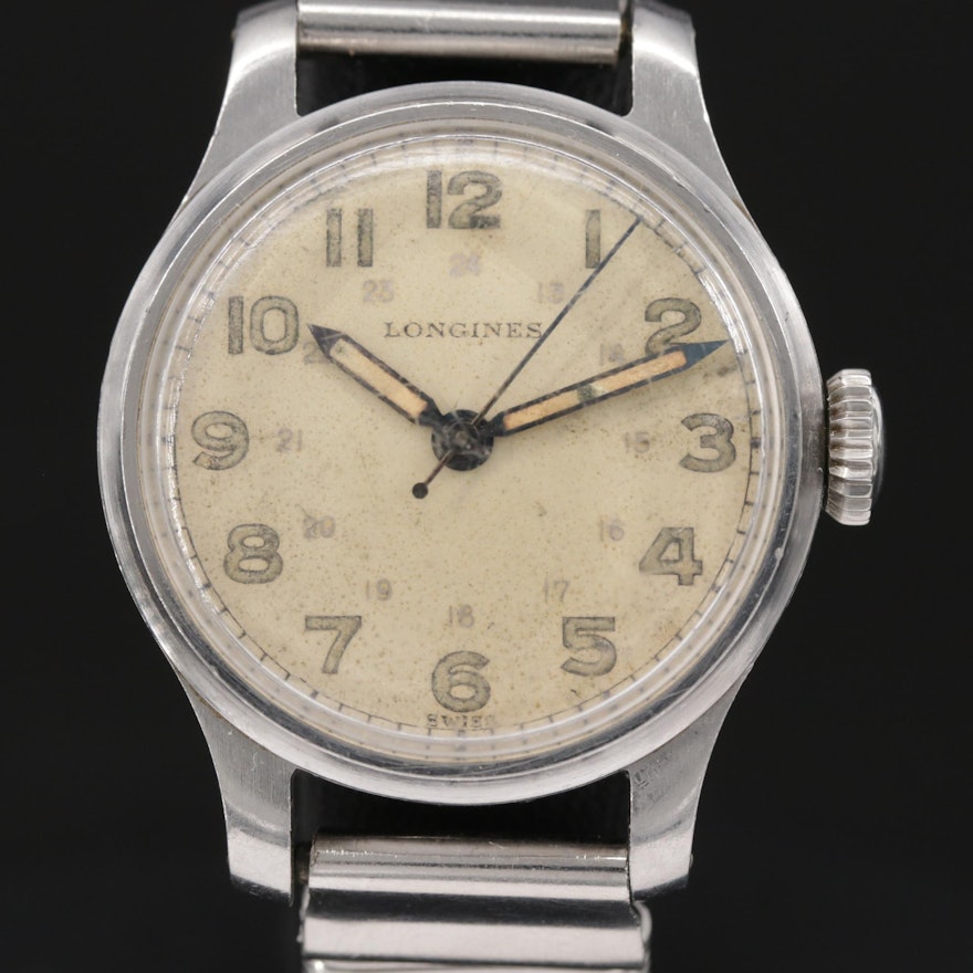 Vintage Longines WWII Military Stem Wind Wristwatch, 1943