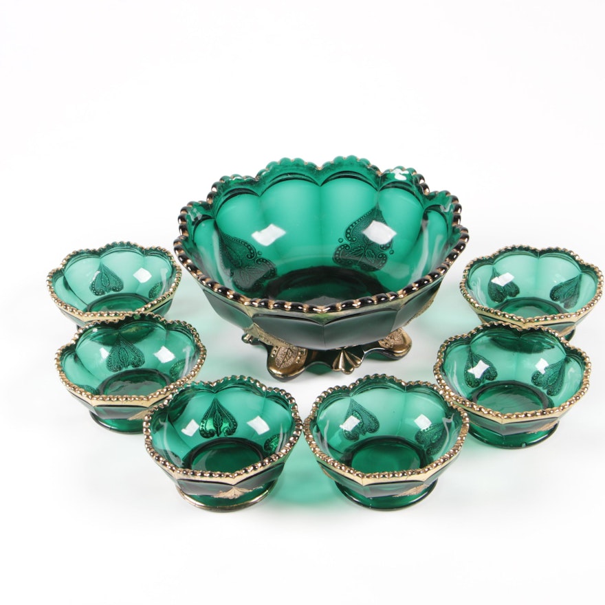 Northwood "Regent" Green Glass Berry Set for Six, Early 20th Century