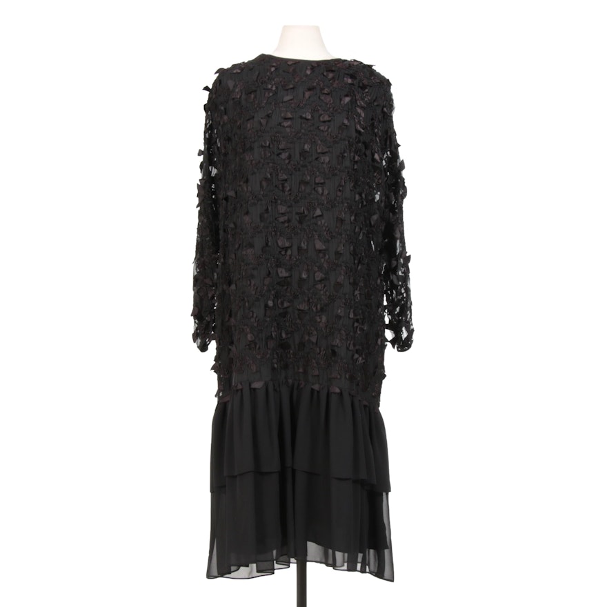 Givenchy en Plus Black Chiffon Drop-Waist Dress with Ruched Ribbon Detail