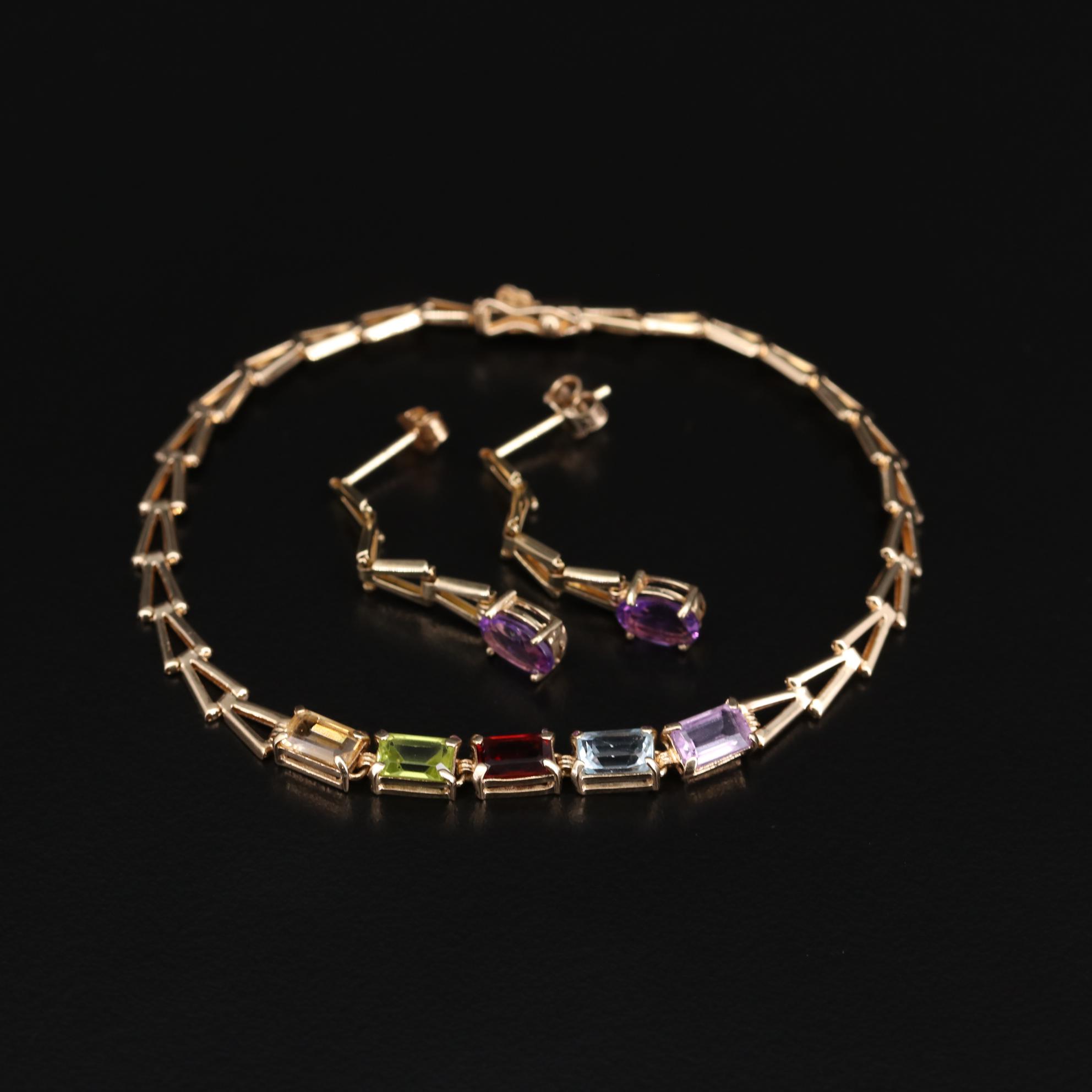 10K Yellow Gold Amethyst Earrings and 14K Yellow Gold Multi-Gemstone Bracelet