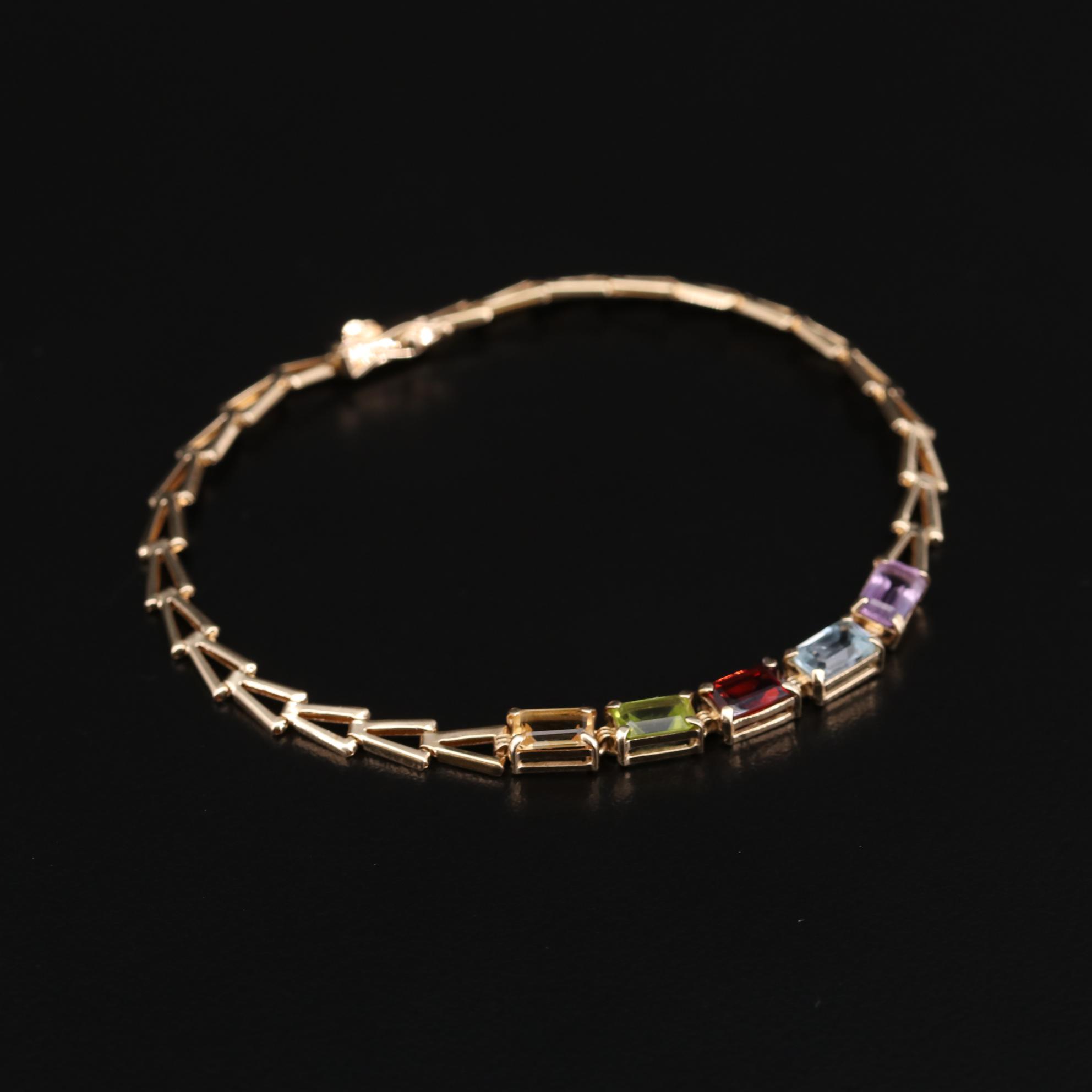 10K Yellow Gold Amethyst Earrings and 14K Yellow Gold Multi-Gemstone Bracelet