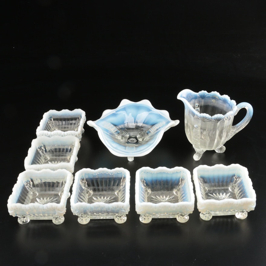 Northwood White Opalescent "Klondyke" Creamer and Dish with "Alaska" Berry Bowls