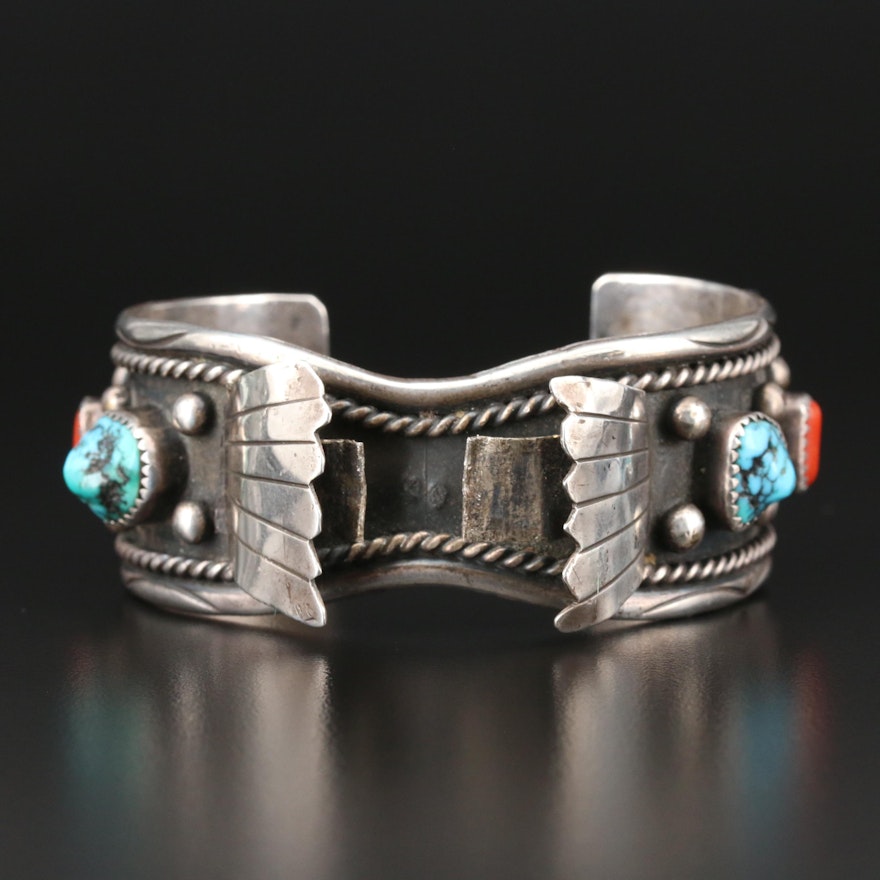 Southwestern Style Sterling Silver Turquoise and Coral Watch Cuff Bracelet