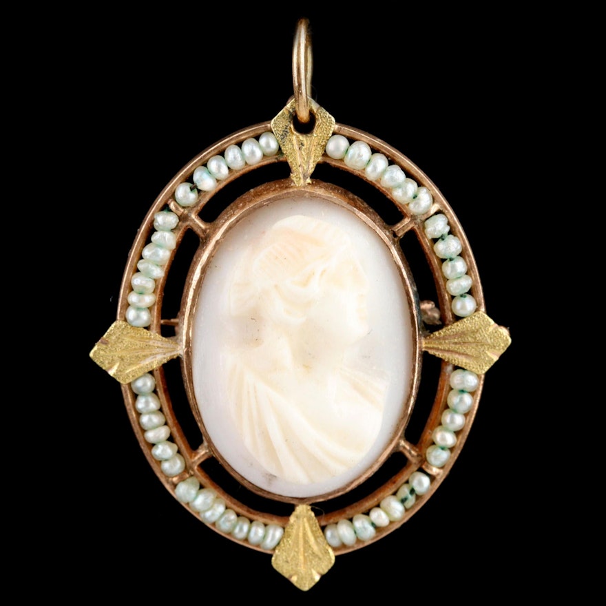 Vintage 10K Yellow Gold Conch Shell Cameo and Seed Pearl Converter Brooch