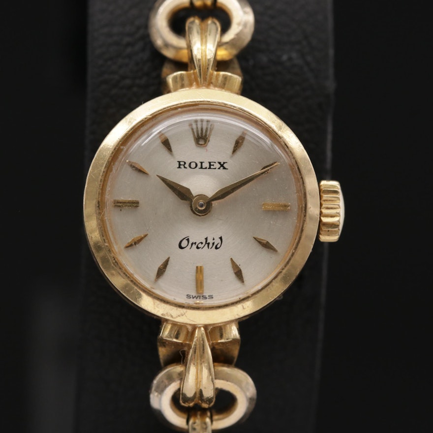 Rolex Orchid 18K Gold Wristwatch with 14K Gold Scarab Bracelet, Circa 1960