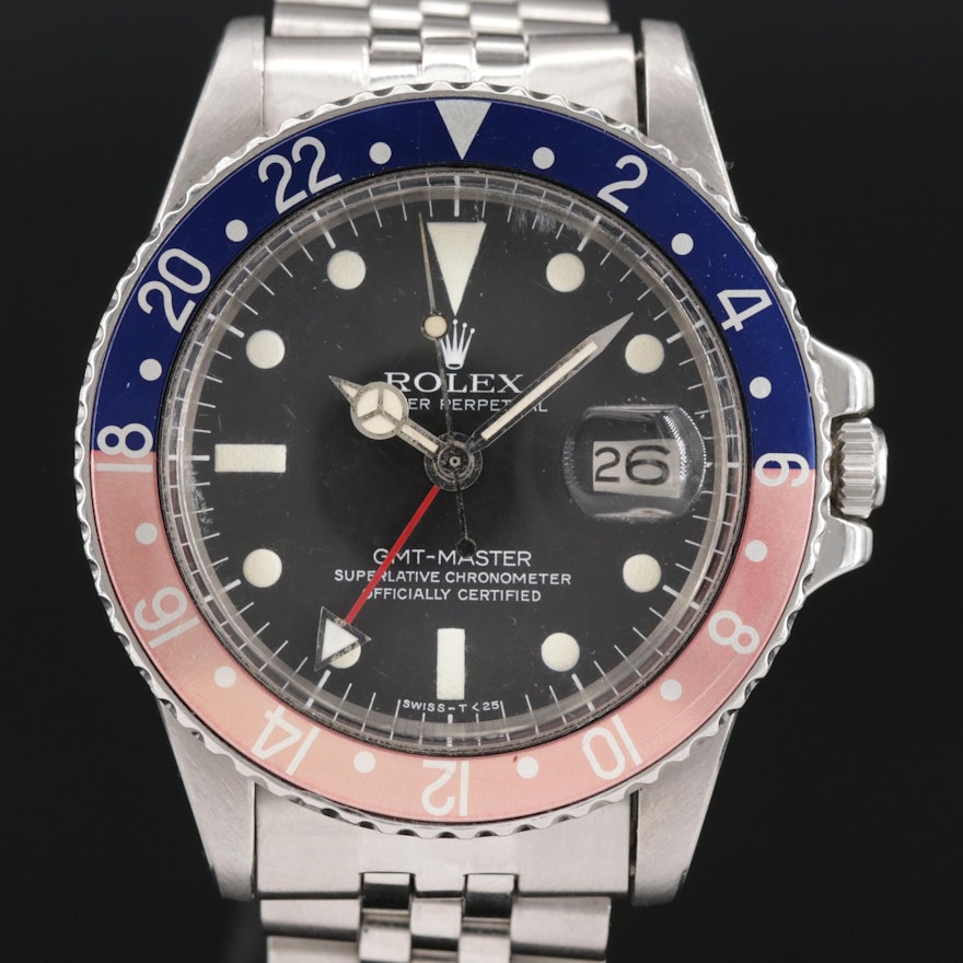 Vintage Rolex GMT Master 1675 Pepsi Bezel Stainless Steel Wristwatch, 1978