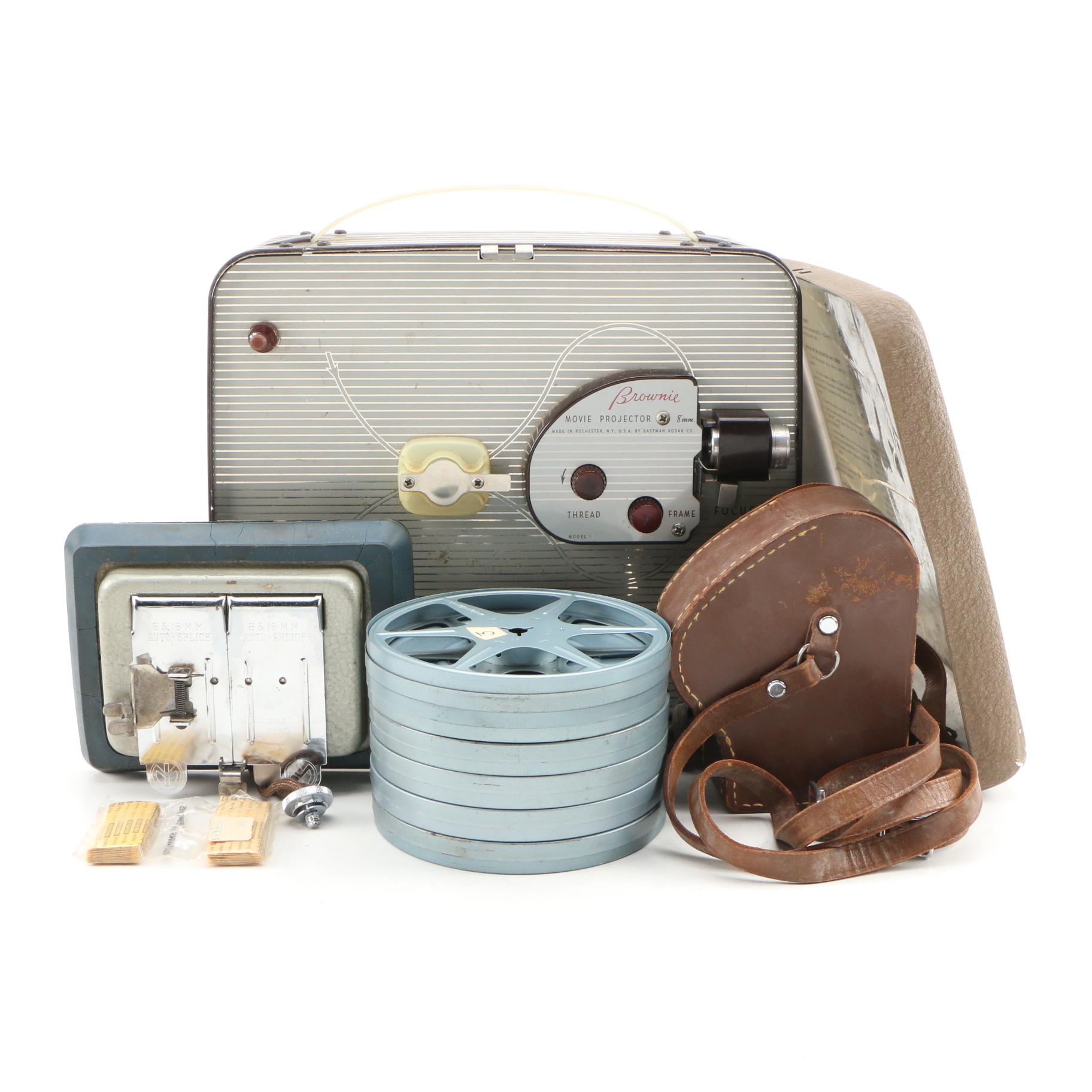 Kodak Brownie Movie Projector 8mm, with Auto Splicer, Six Film Cans and More