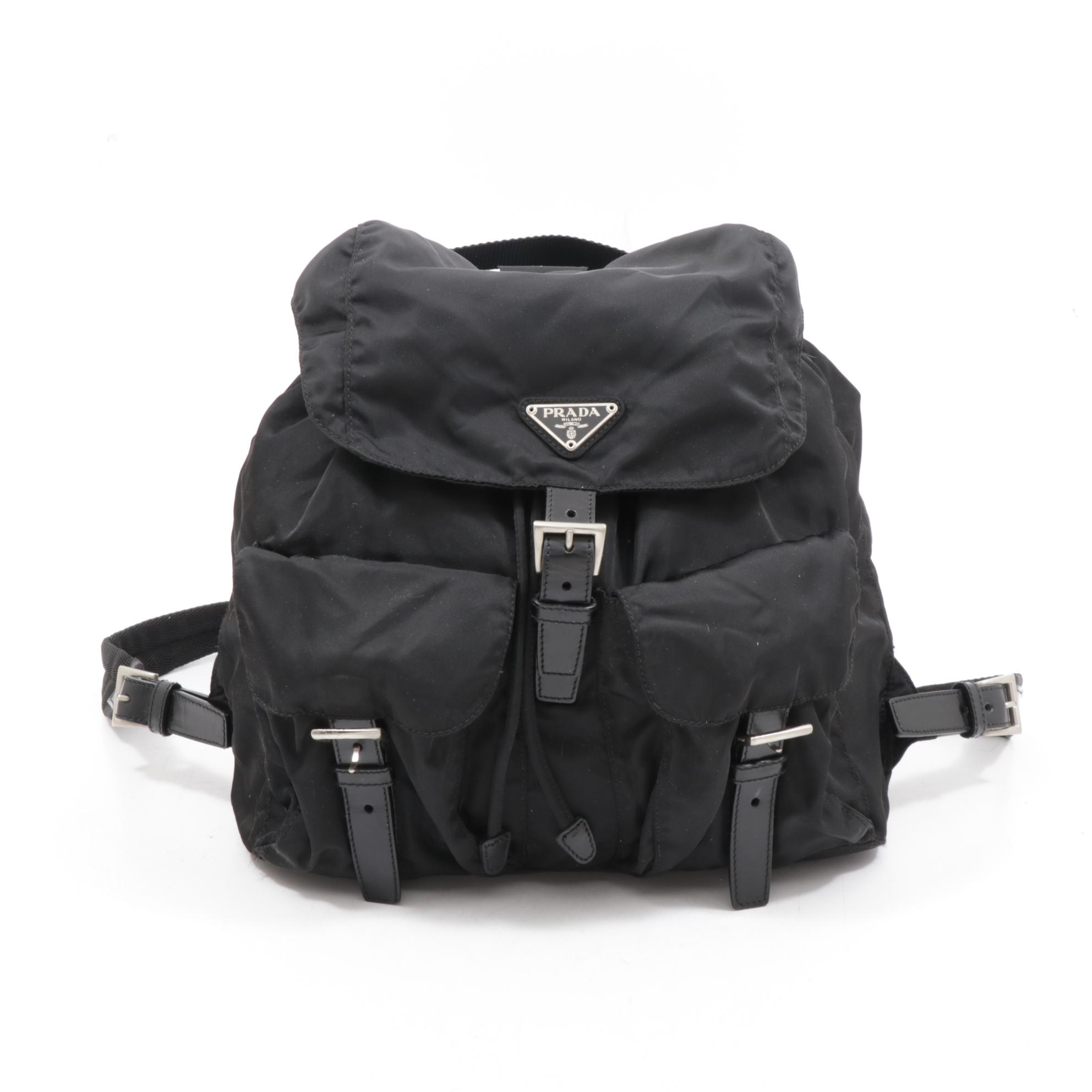 Prada Black Tessuto Nylon and Leather Backpack Purse